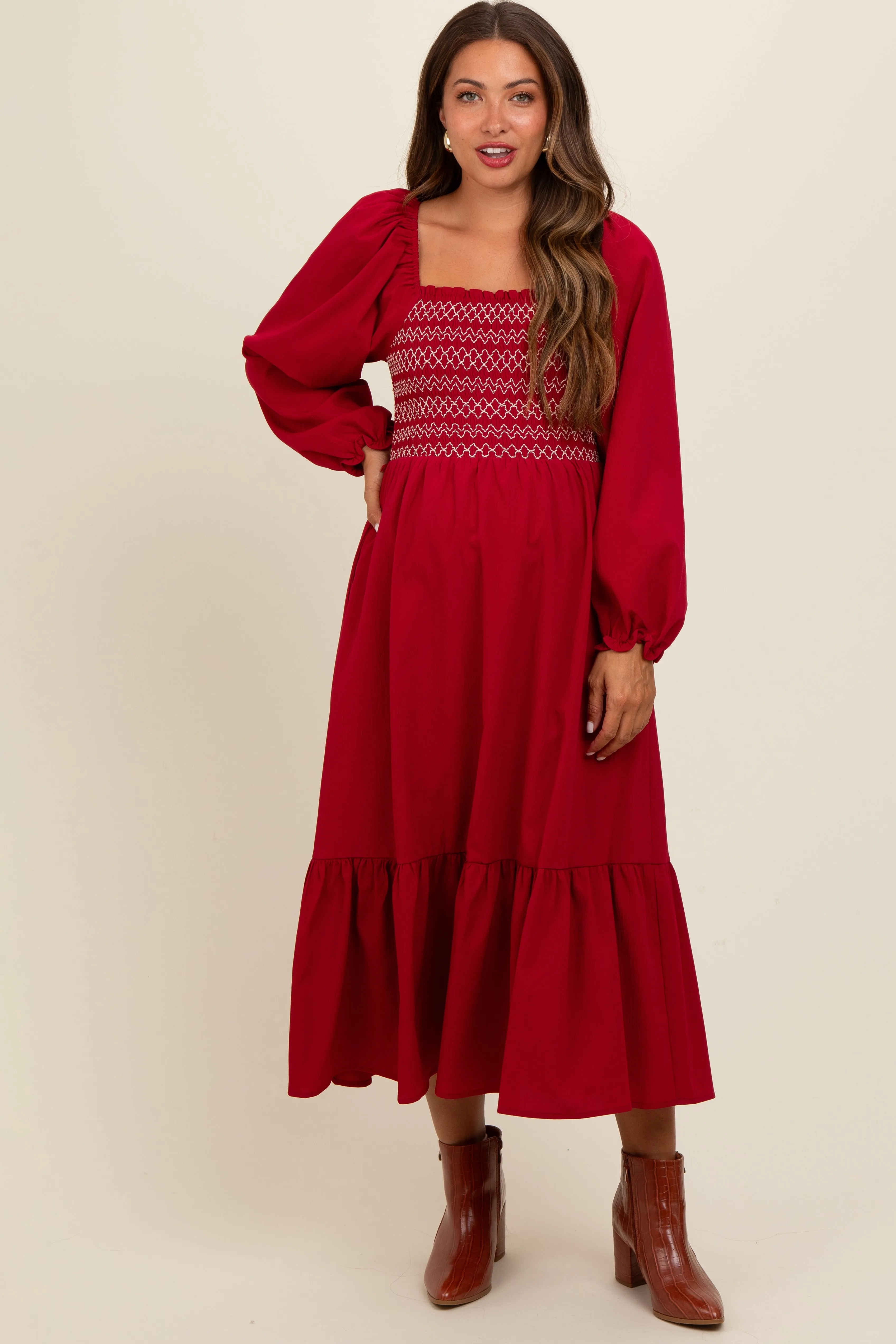 Burgundy Contrast Smocked Balloon Sleeve Maternity Midi Dress sold by Pinkblush