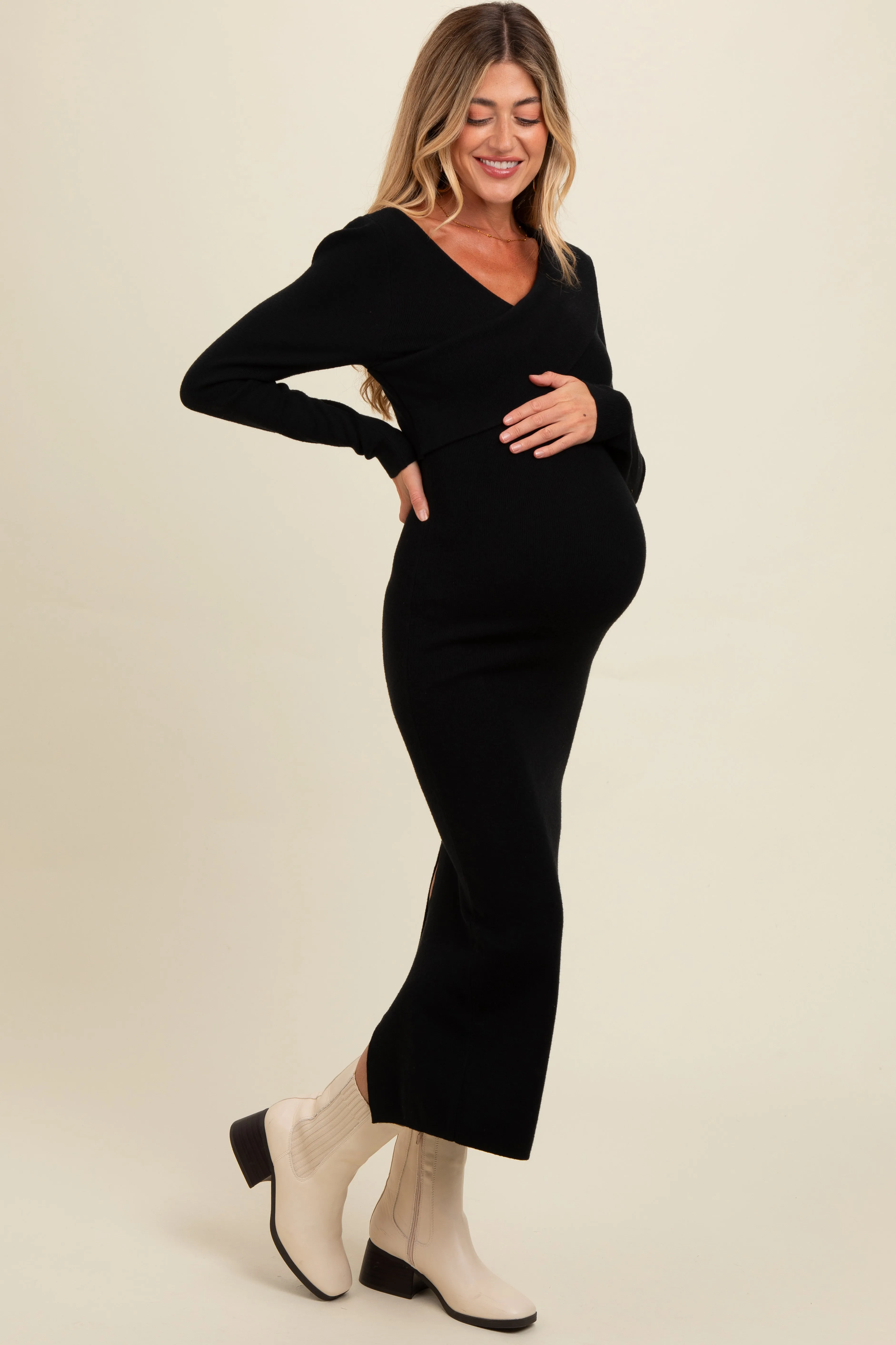 Black Fold Over Maternity Maxi Sweater Dress sold by Pinkblush product image thumbnail 3