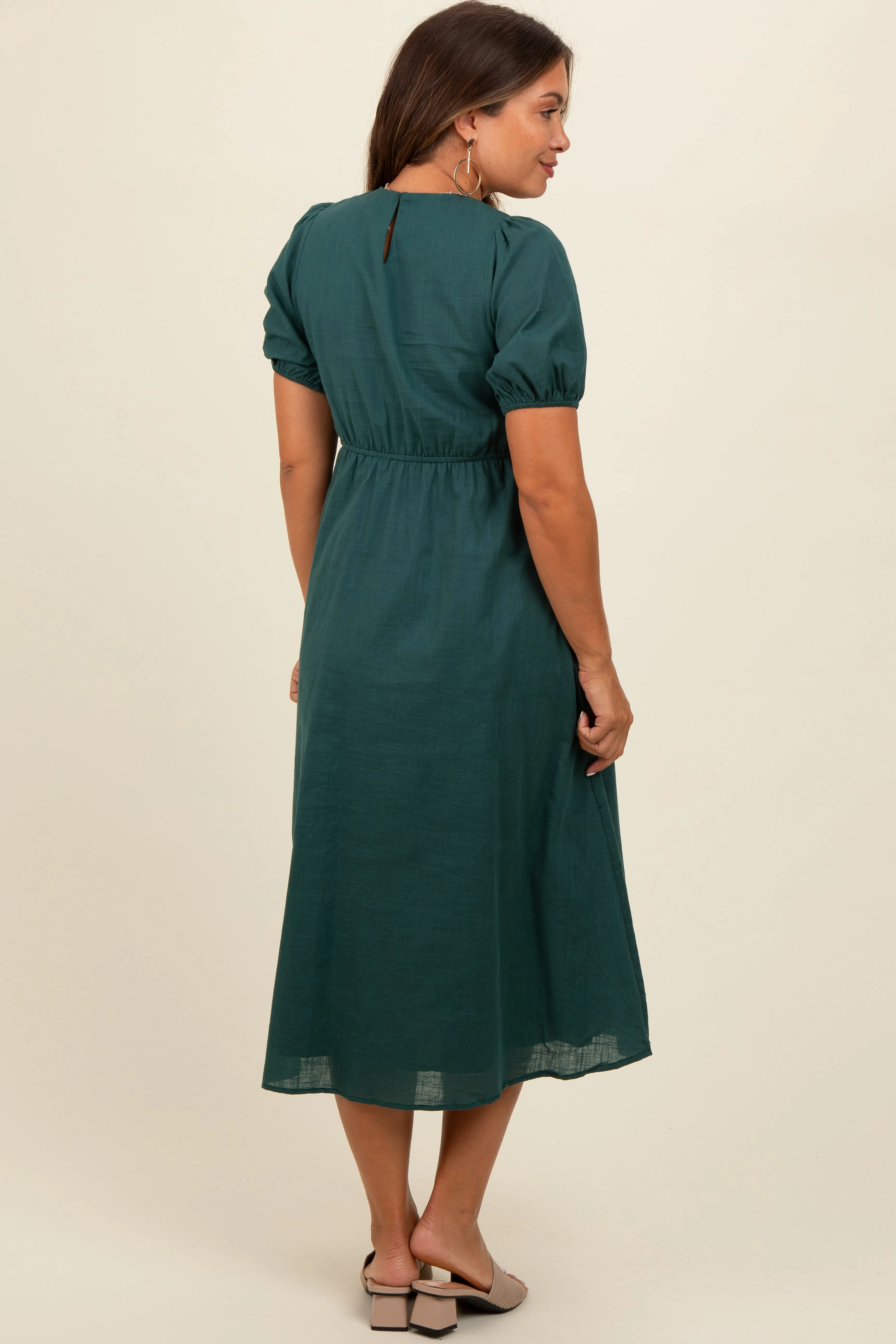 Green Smocked V-Neck Puff Sleeve Maternity Midi Dress sold by Pinkblush product image thumbnail 4