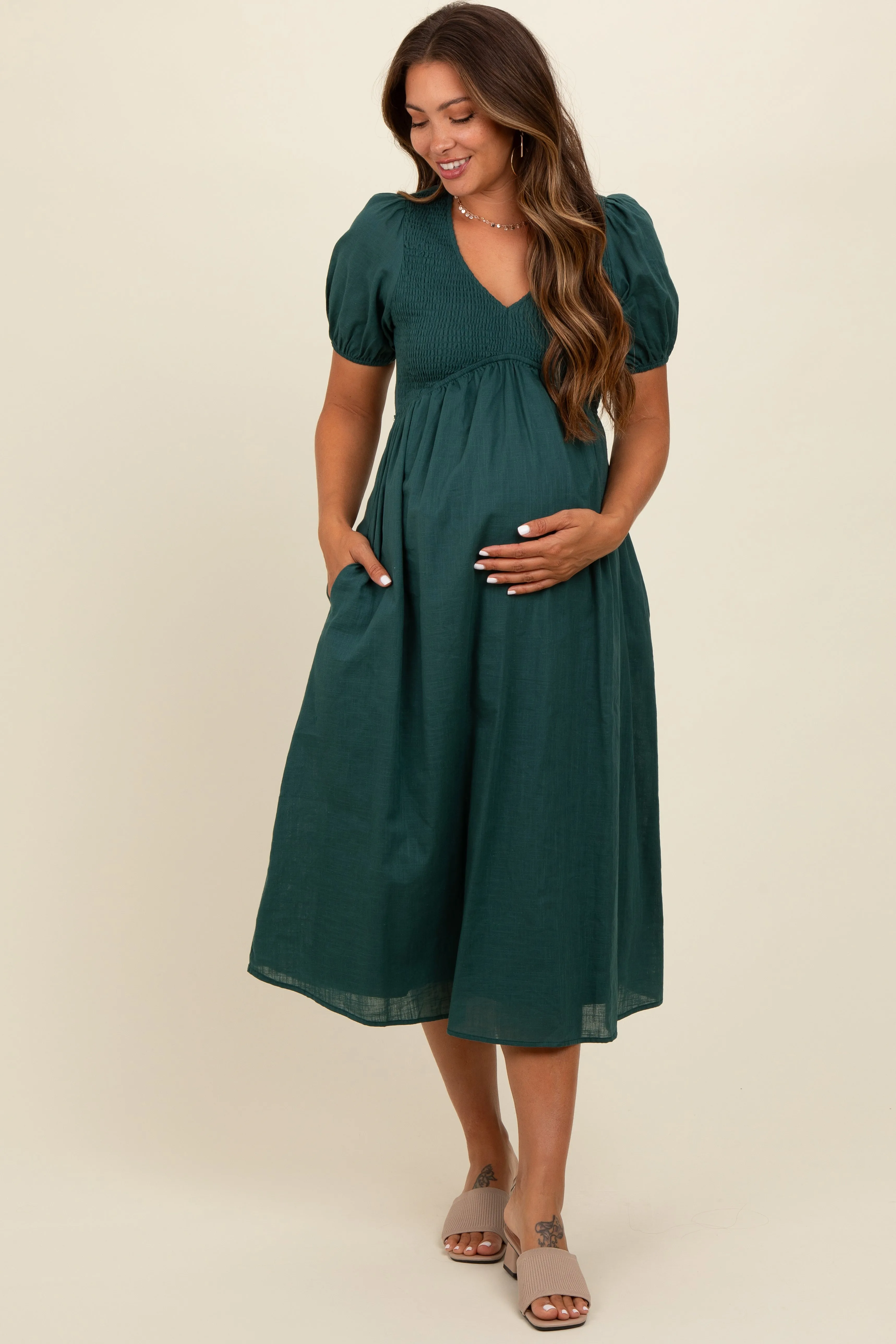 Green Smocked V-Neck Puff Sleeve Maternity Midi Dress sold by Pinkblush