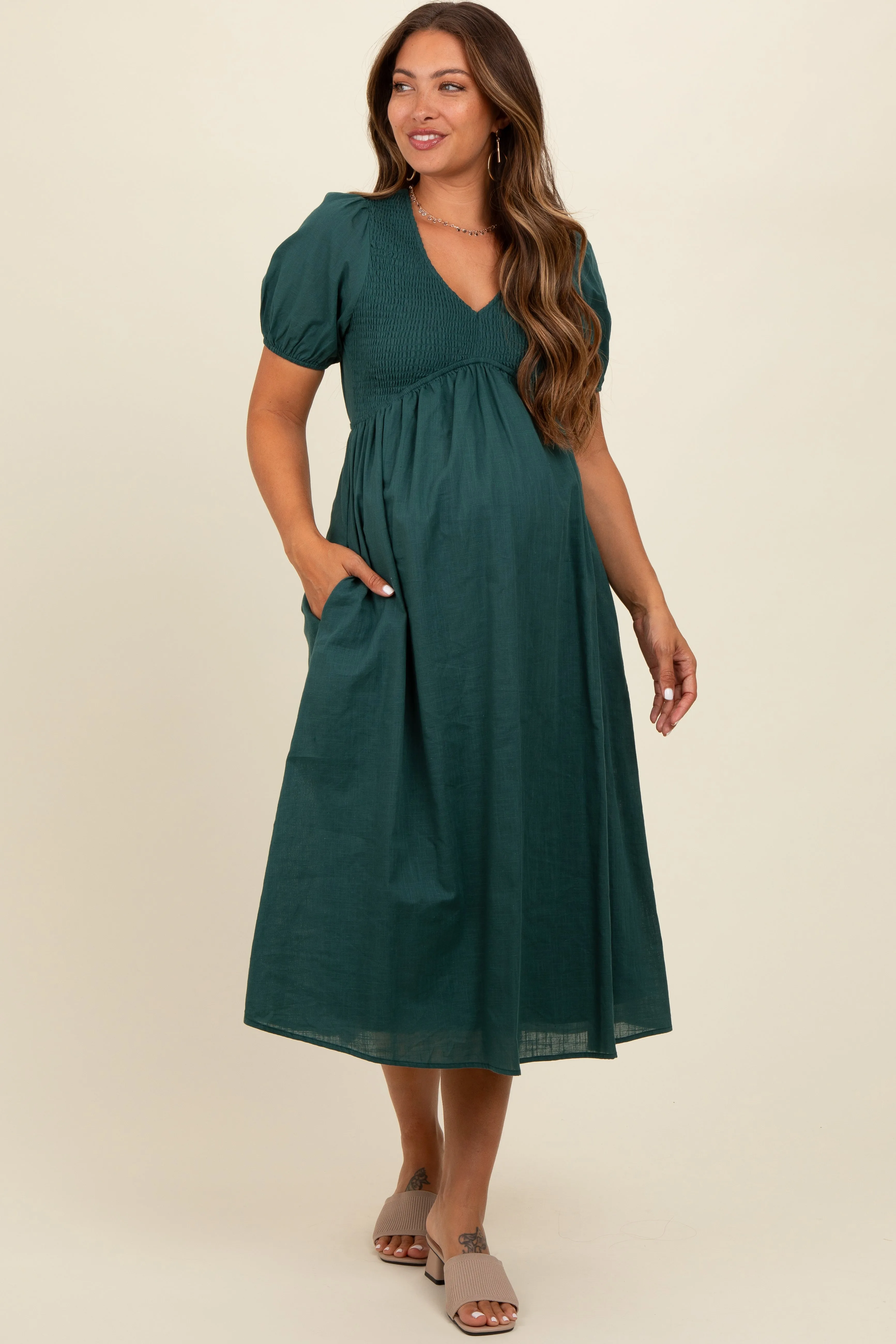 Green Smocked V-Neck Puff Sleeve Maternity Midi Dress sold by Pinkblush product image thumbnail 2