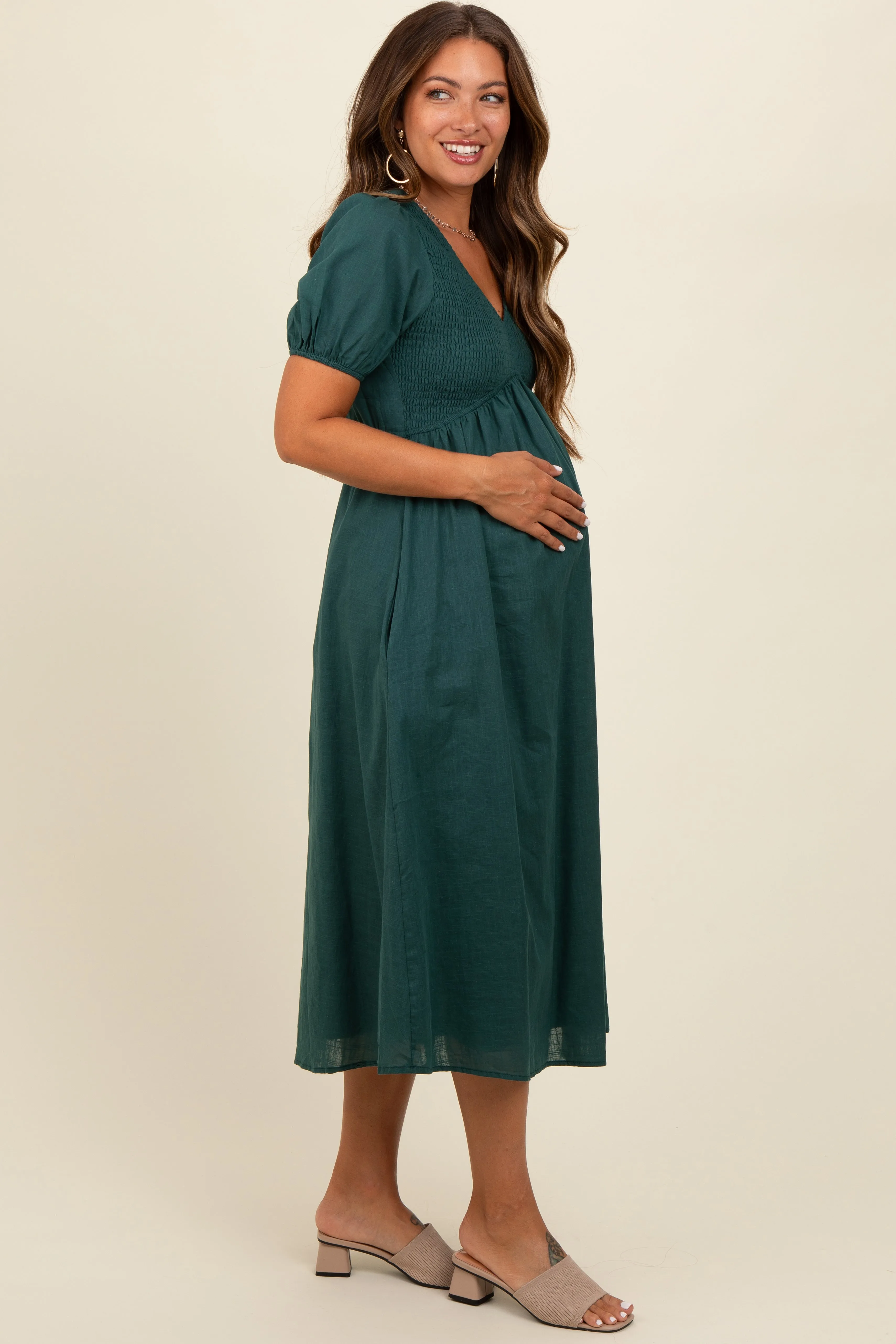 Green Smocked V-Neck Puff Sleeve Maternity Midi Dress sold by Pinkblush product image thumbnail 3