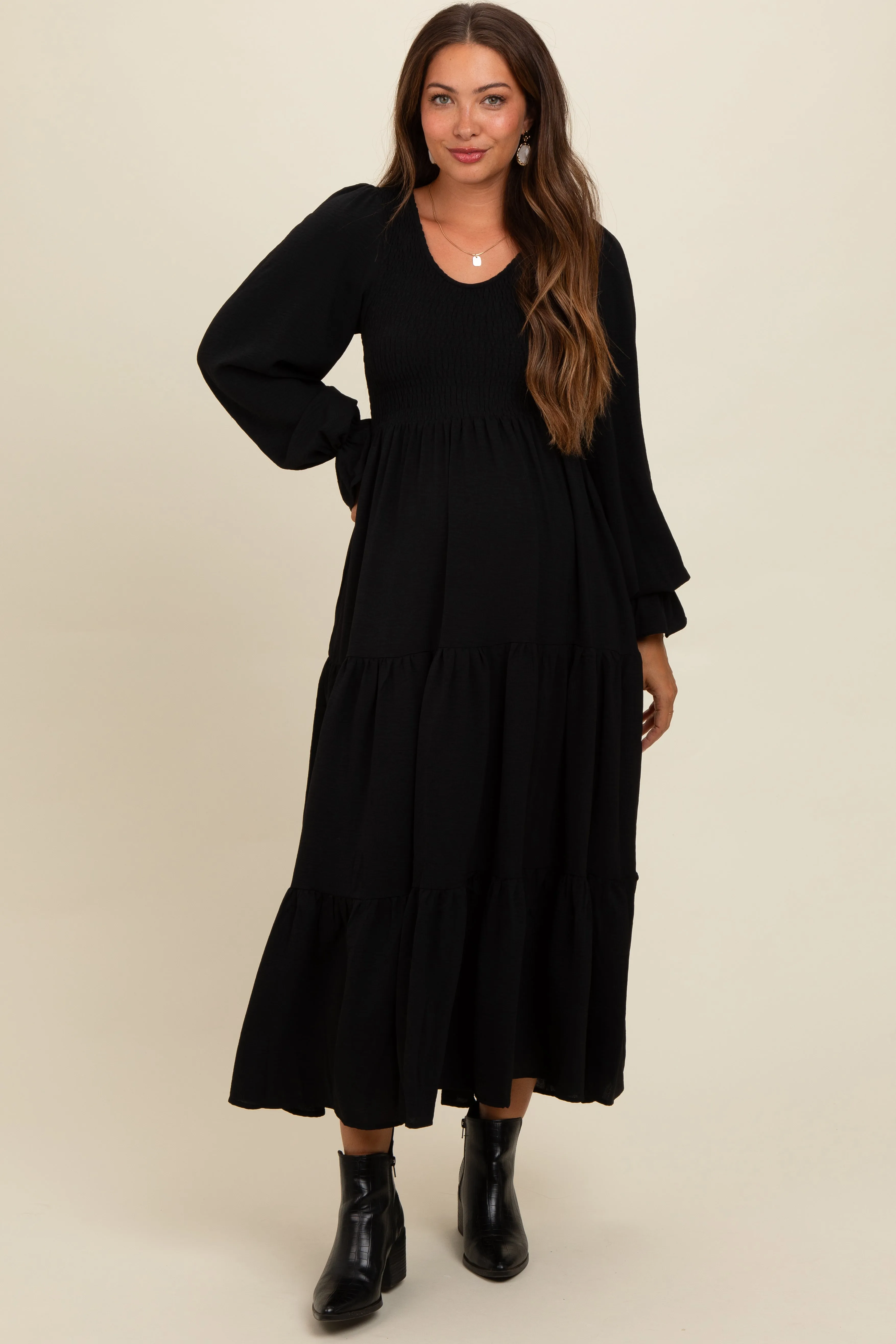 Black Smocked Tiered Long Sleeve Maternity Maxi Dress sold by Pinkblush