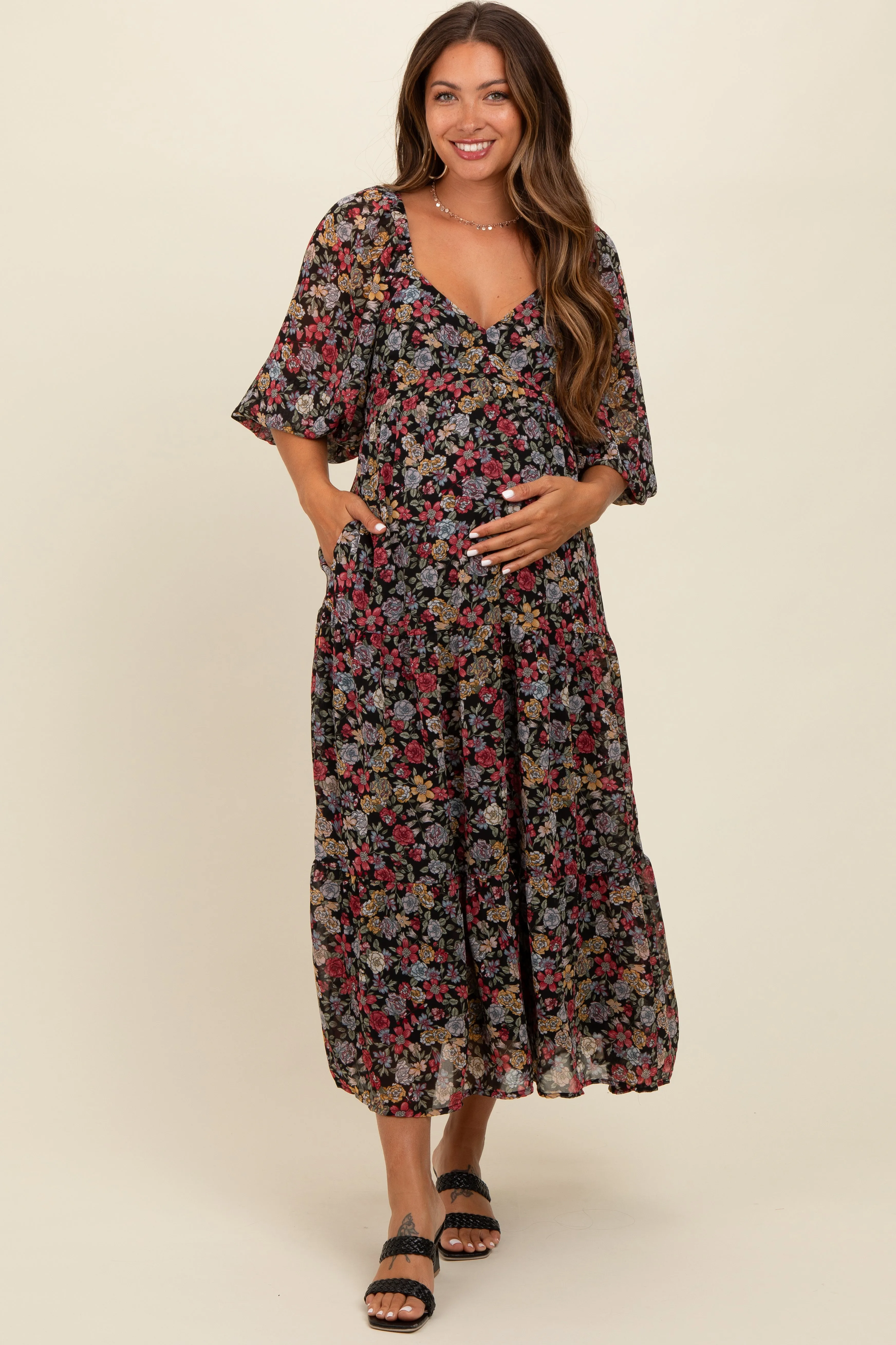 Black Floral Empire Waist Maternity Maxi Dress sold by Pinkblush