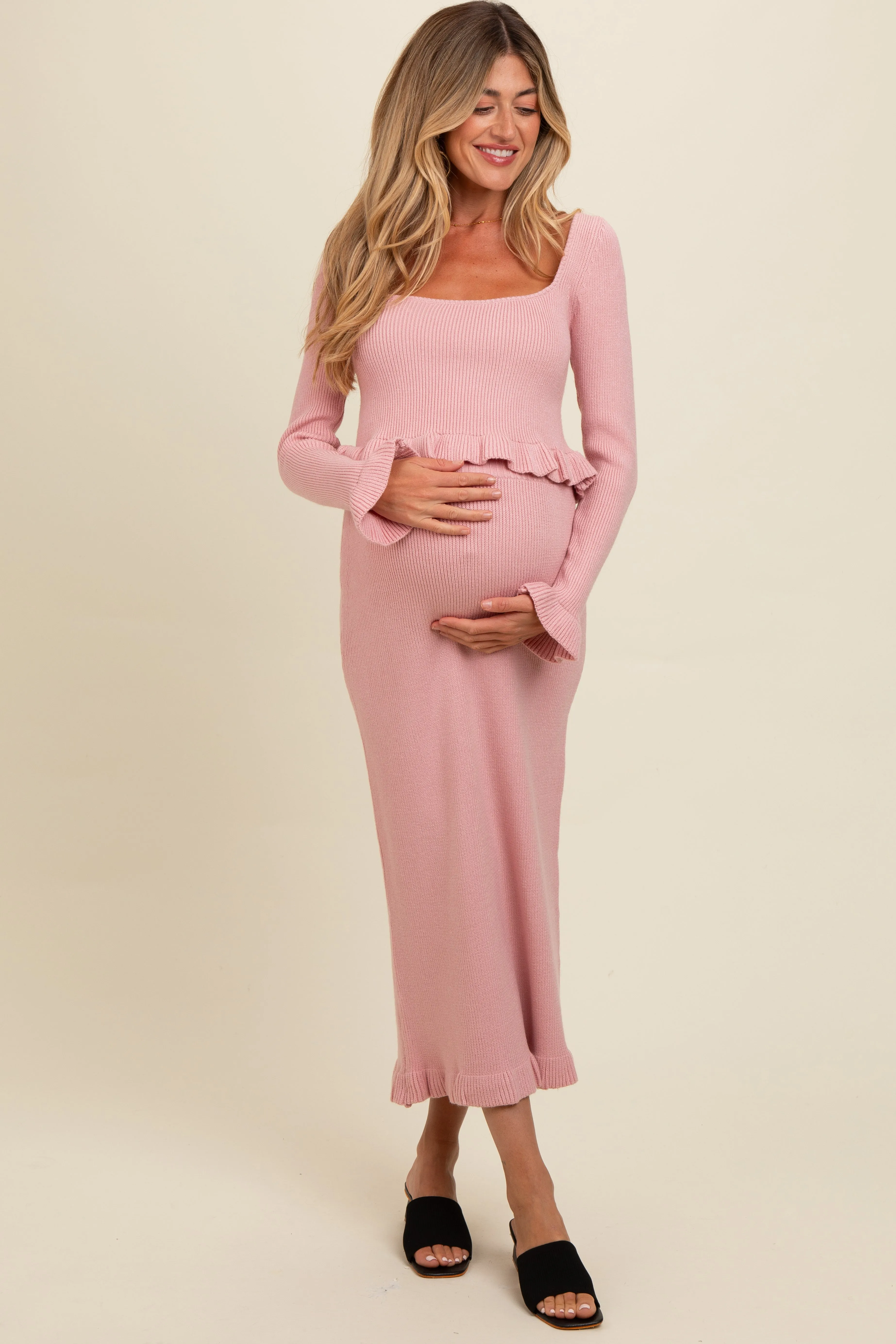 Pink Ruffle Hem Knit Top And Midi Skirt Maternity Set sold by Pinkblush