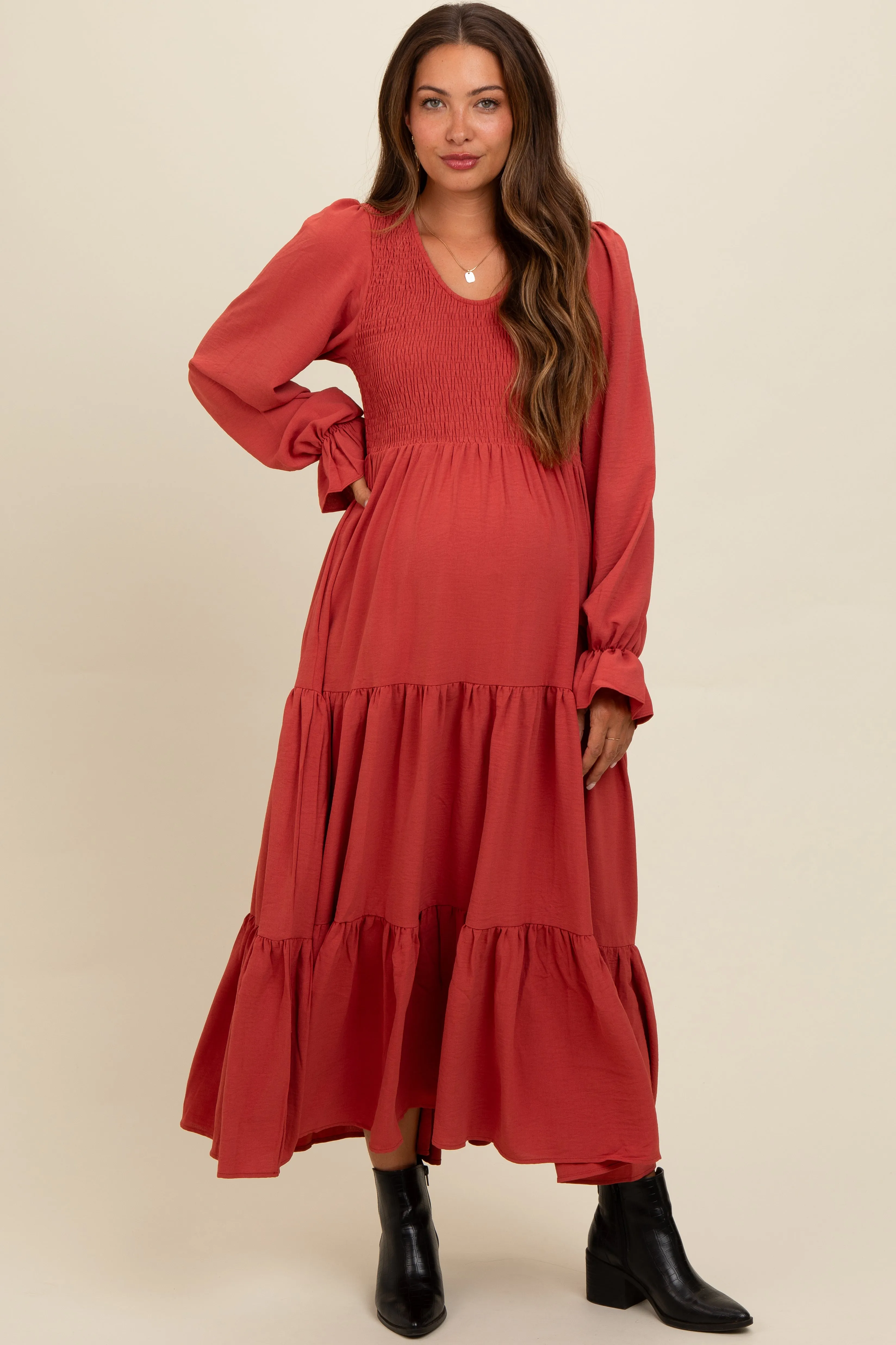 Rust Smocked Tiered Long Sleeve Maternity Maxi Dress sold by Pinkblush