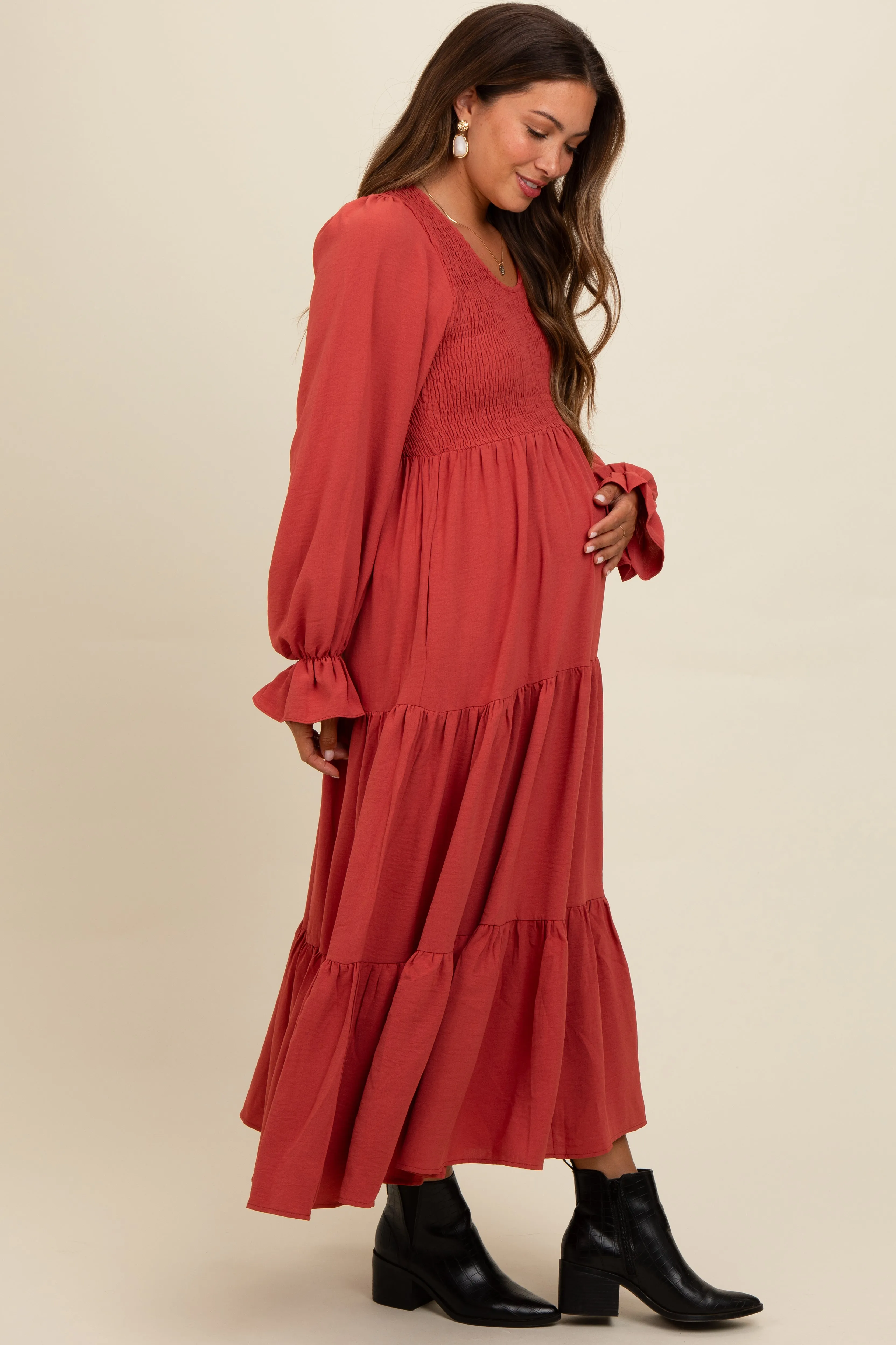 Rust Smocked Tiered Long Sleeve Maternity Maxi Dress sold by Pinkblush product image thumbnail 2