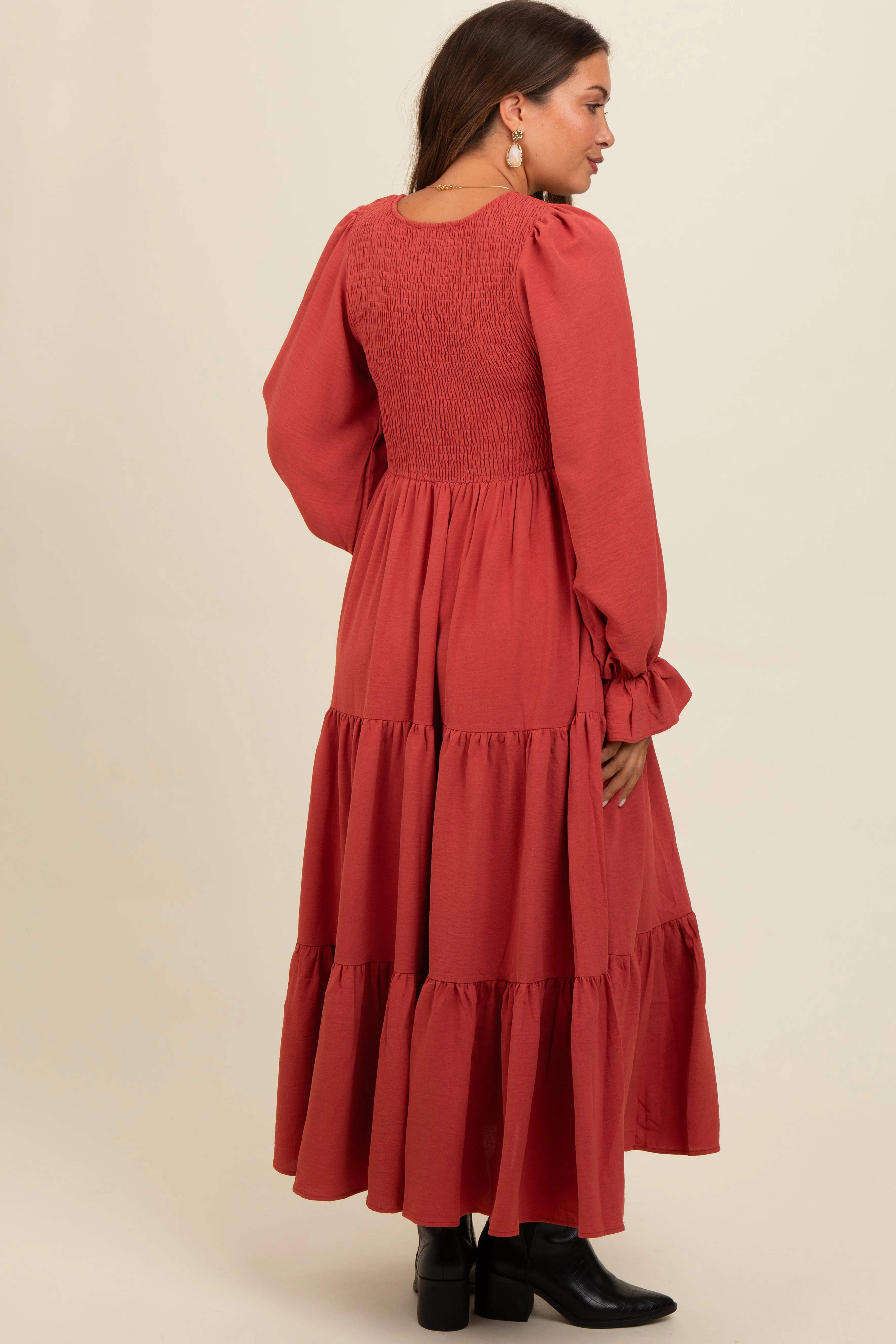 Rust Smocked Tiered Long Sleeve Maternity Maxi Dress sold by Pinkblush product image thumbnail 3