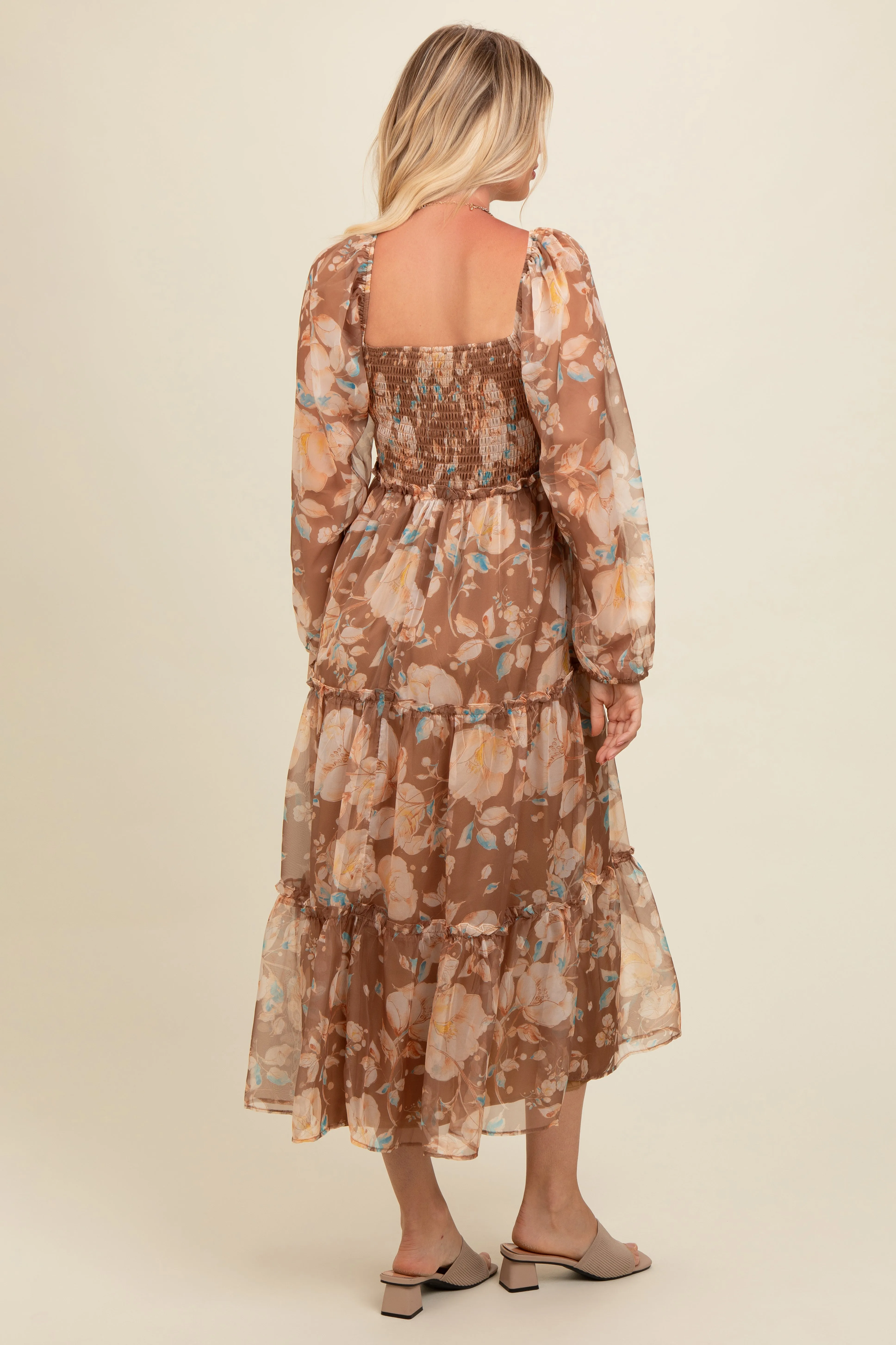 Mocha Floral Square Neck Smocked Midi Dress sold by Pinkblush product image thumbnail 4