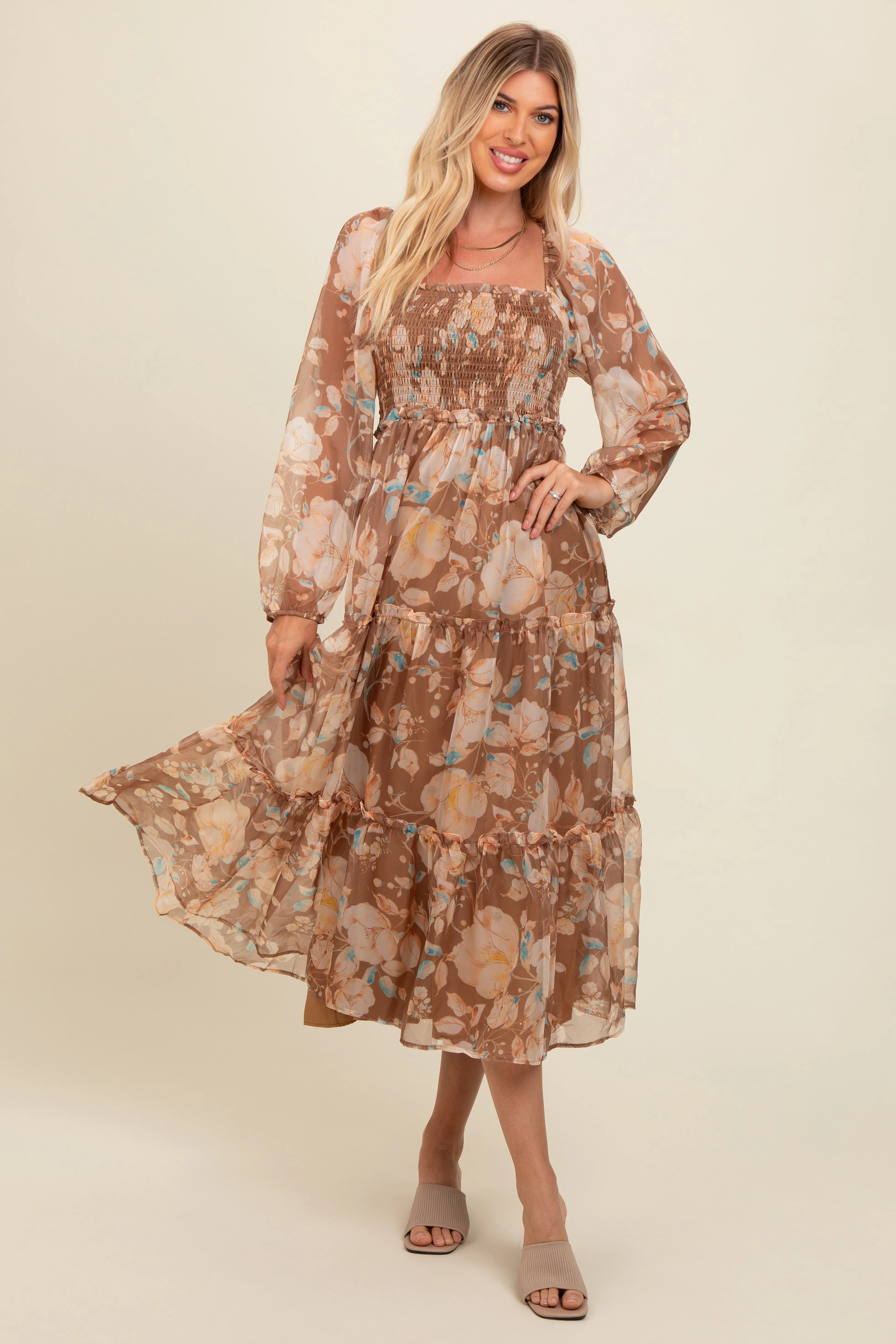 Mocha Floral Square Neck Smocked Midi Dress sold by Pinkblush