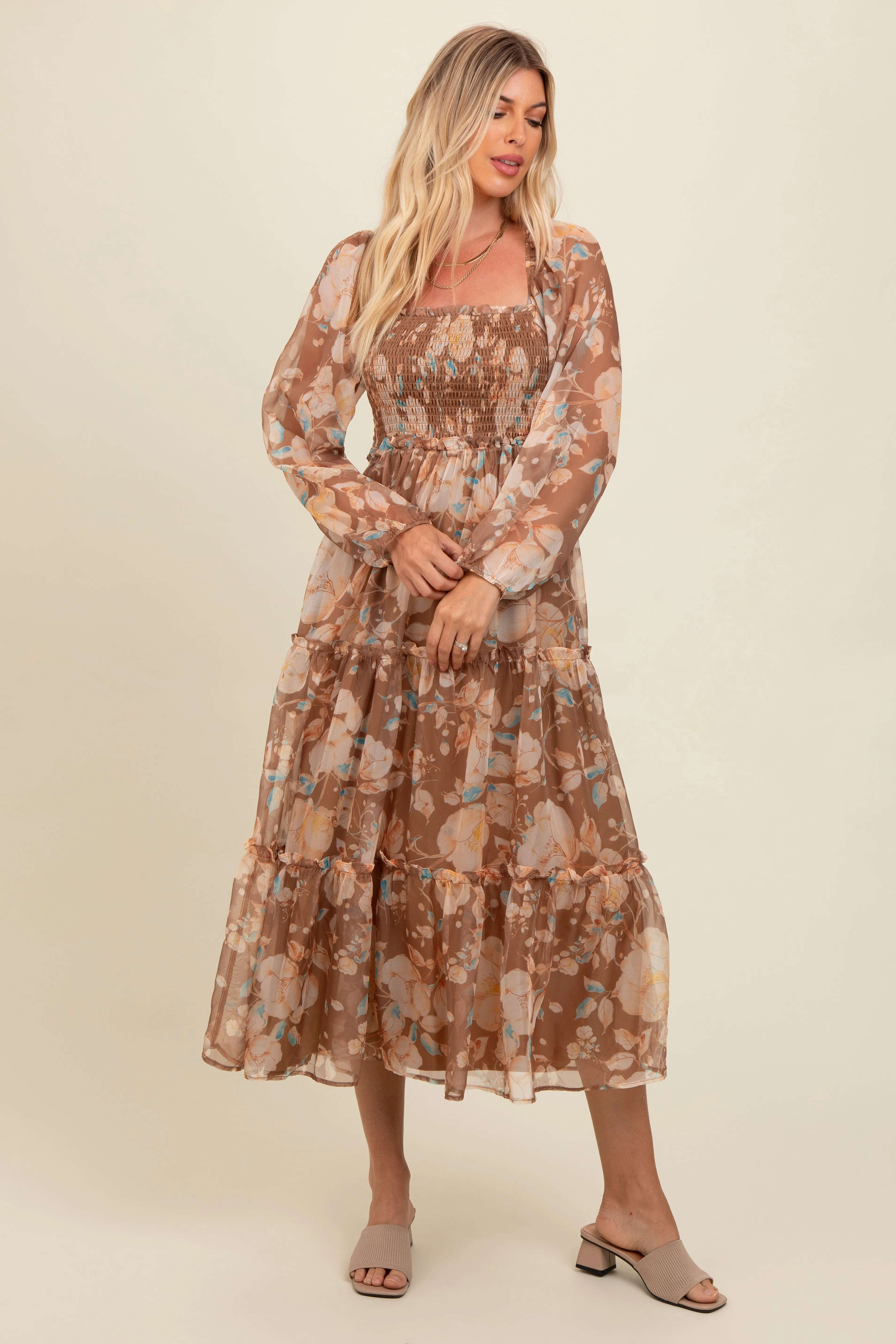 Mocha Floral Square Neck Smocked Midi Dress sold by Pinkblush product image thumbnail 2