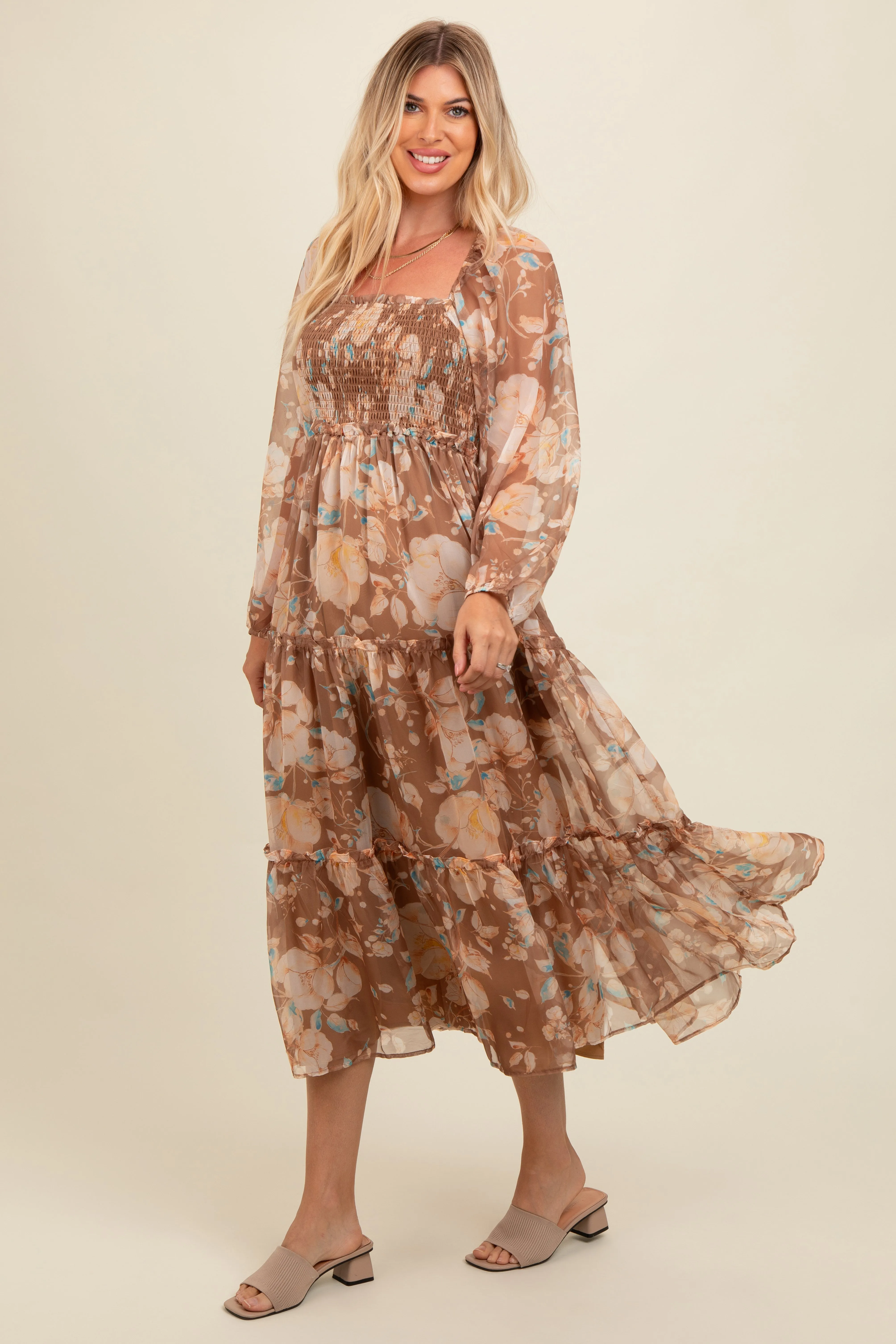 Mocha Floral Square Neck Smocked Midi Dress sold by Pinkblush product image thumbnail 3