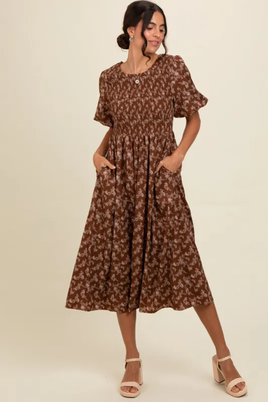 Brown Floral Smocked Midi Dress sold by Pinkblush