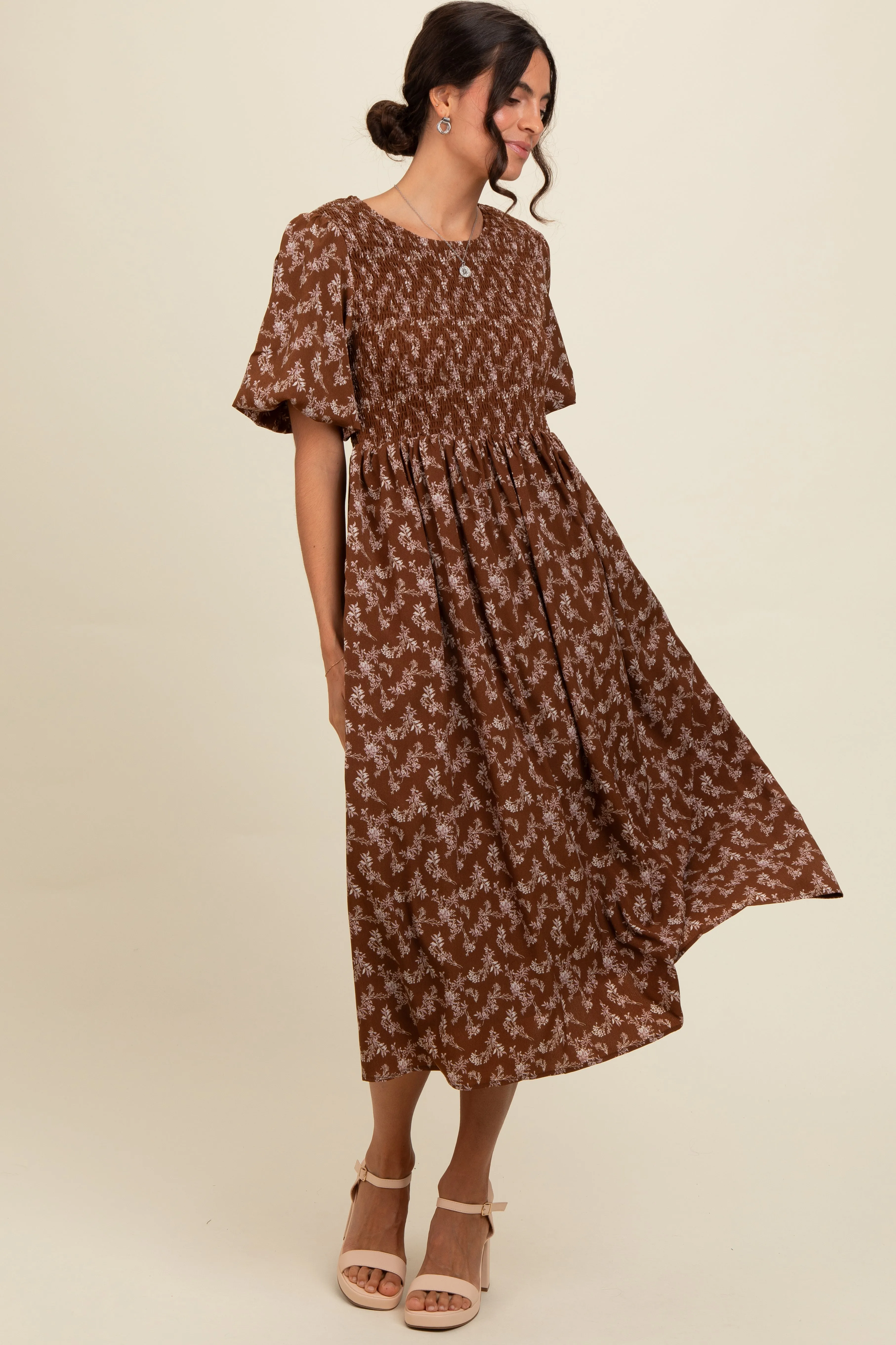 Brown Floral Smocked Midi Dress sold by Pinkblush product image thumbnail 2