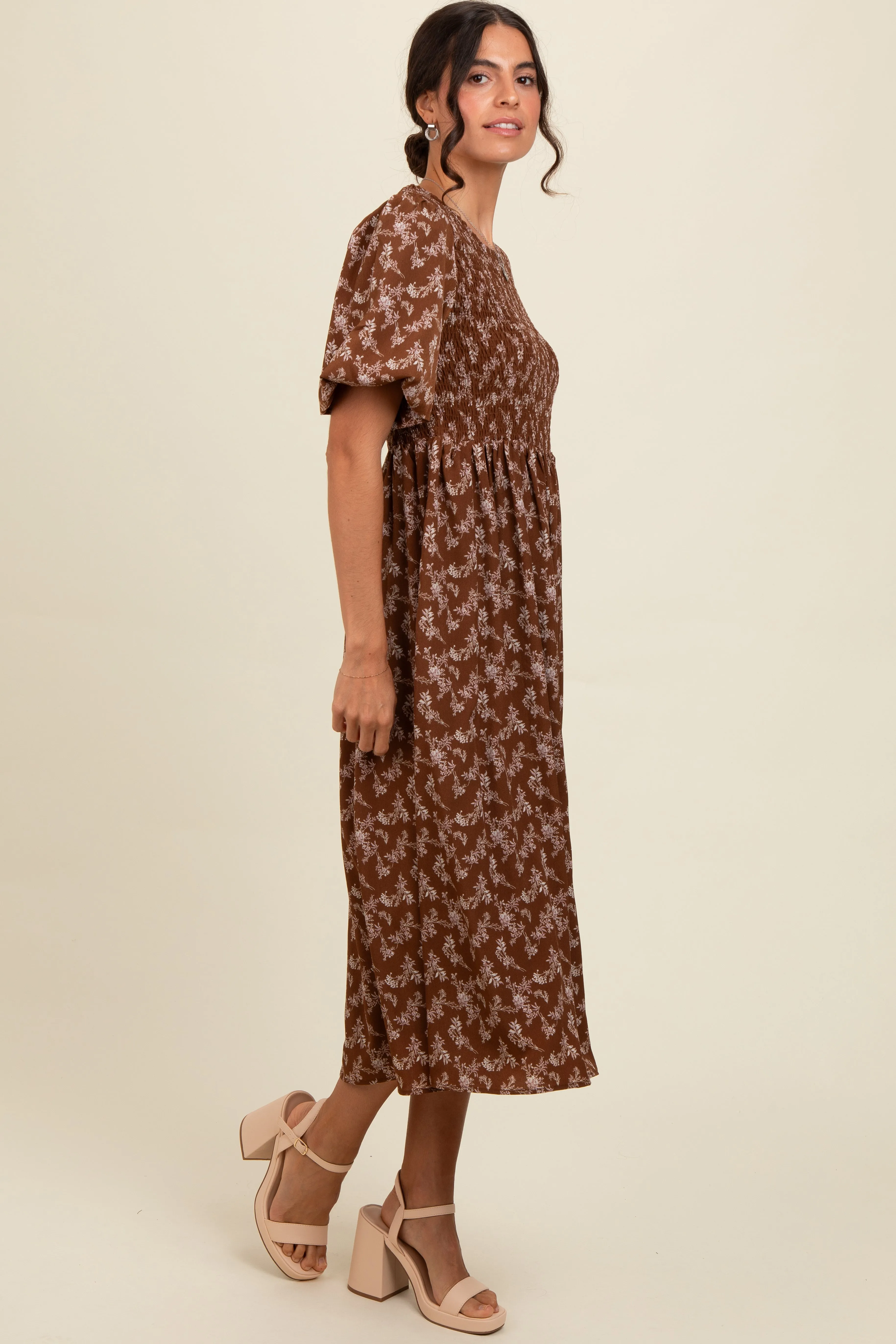 Brown Floral Smocked Midi Dress sold by Pinkblush product image thumbnail 3