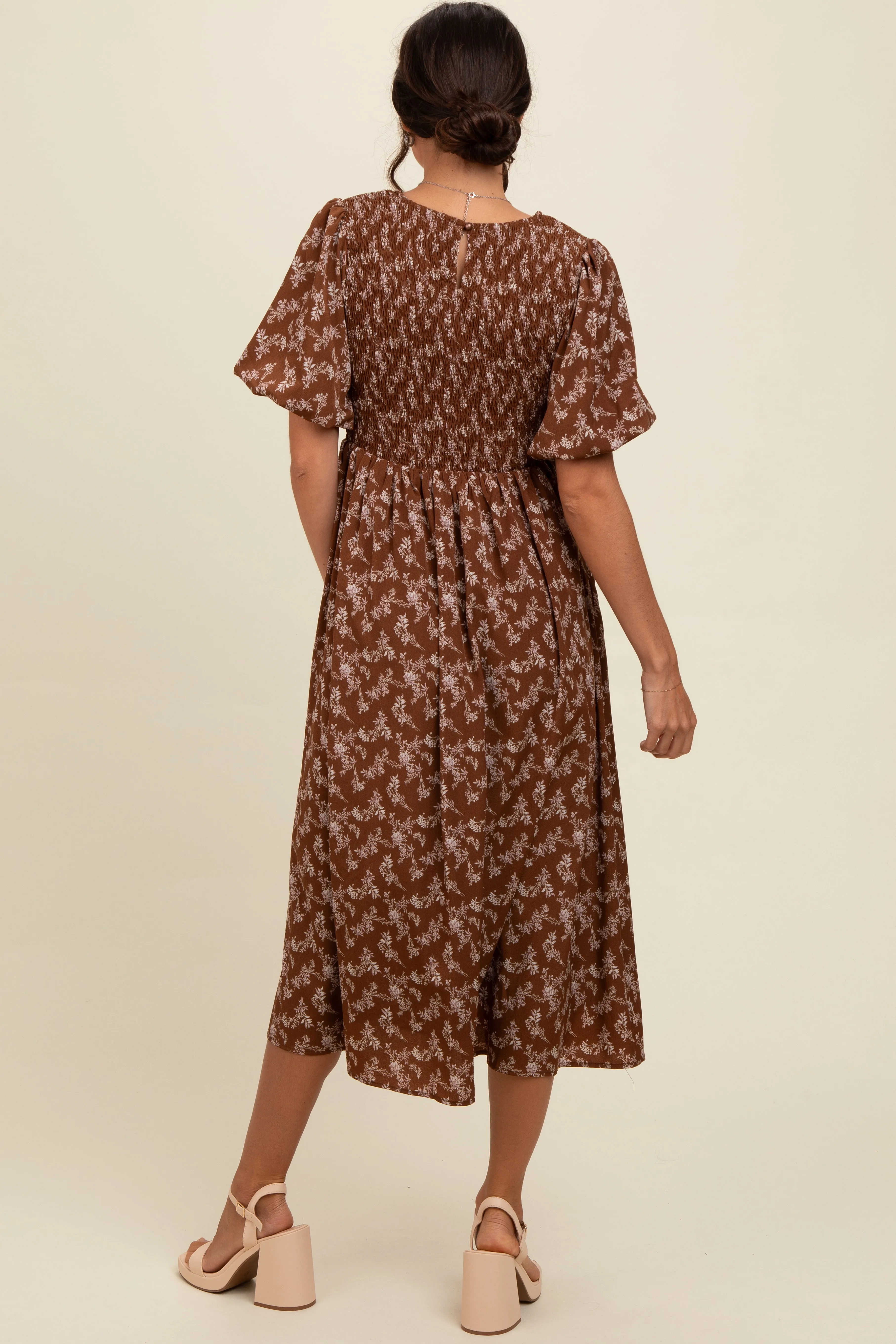 Brown Floral Smocked Midi Dress sold by Pinkblush product image thumbnail 4