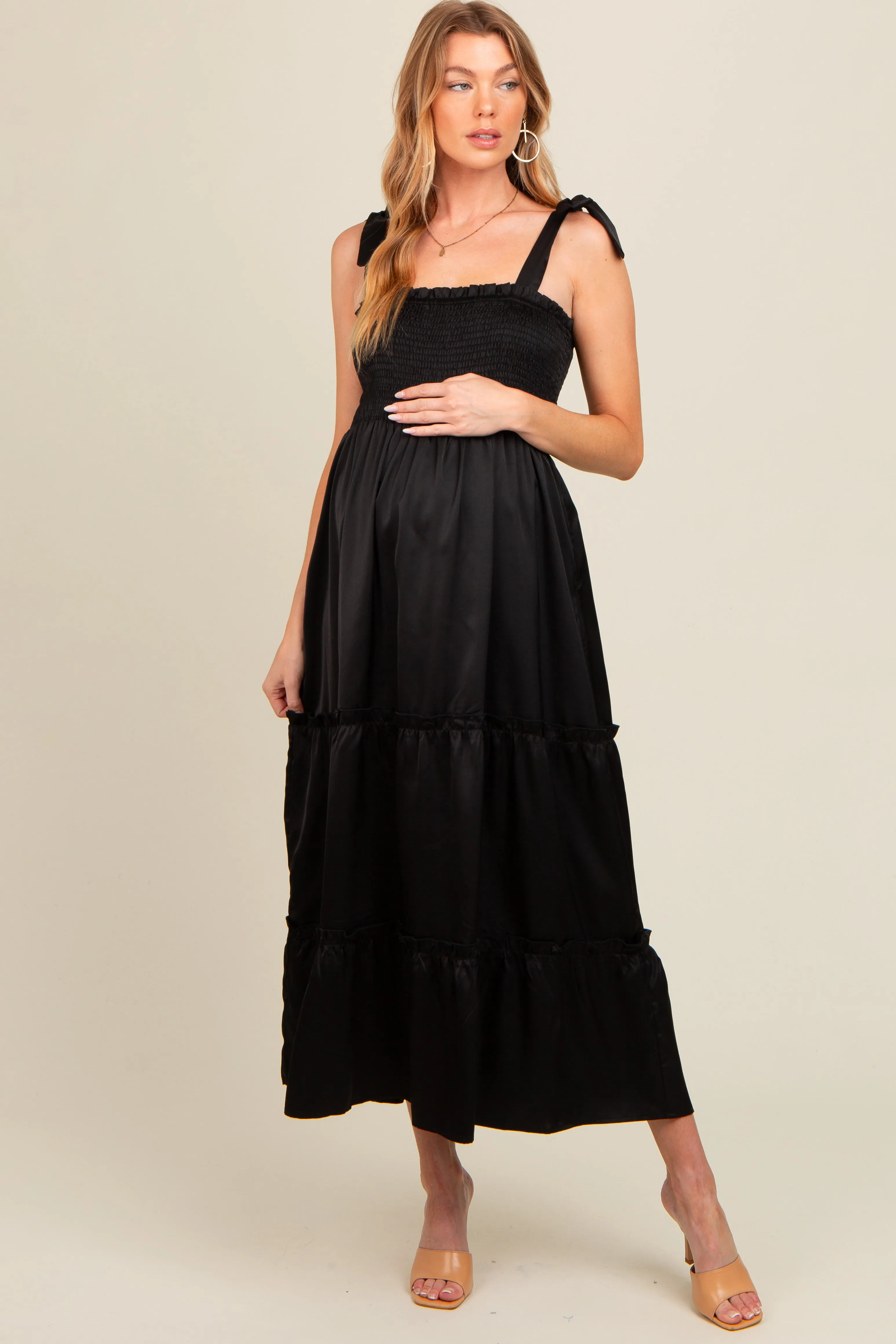 Black Satin Smocked Maternity Maxi Dress sold by Pinkblush