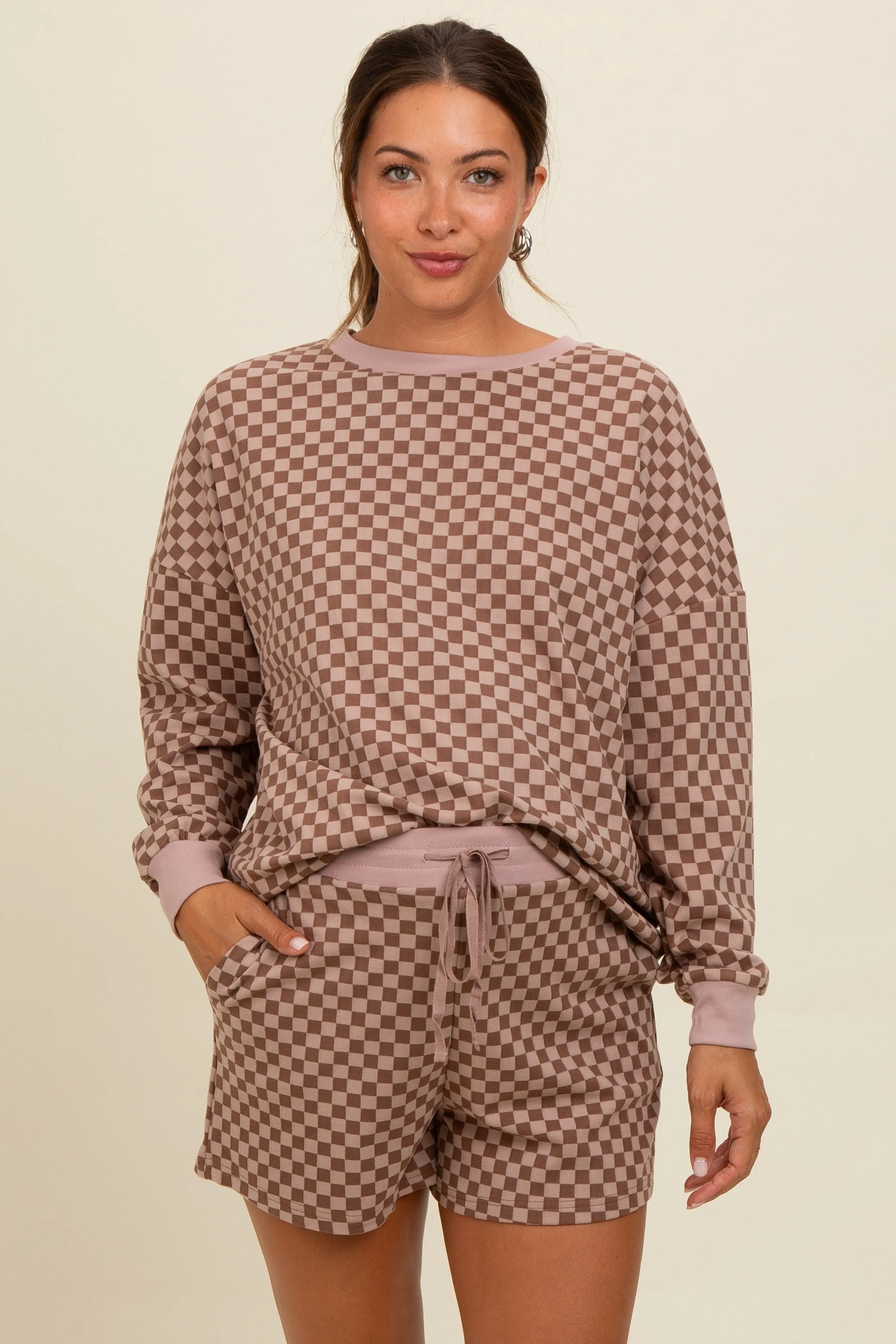 Mocha Checkered Plaid Pullover Shorts Maternity Set sold by Pinkblush product image thumbnail 2