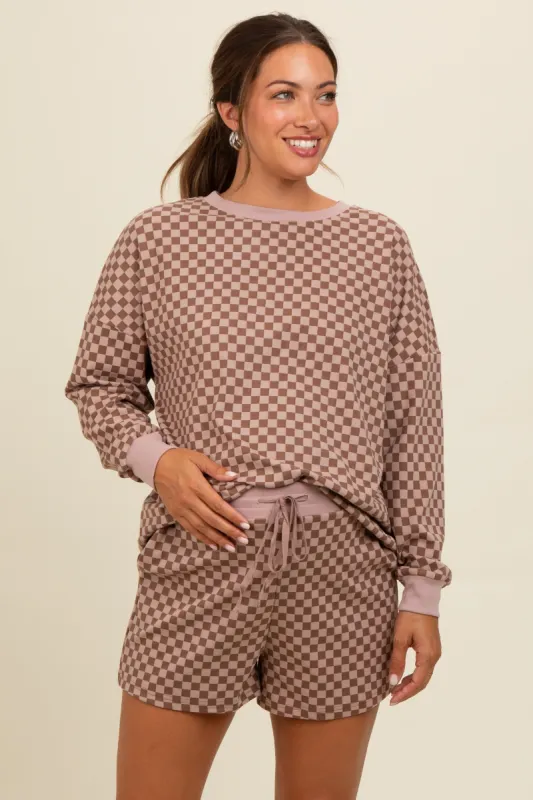 Mocha Checkered Plaid Pullover Shorts Maternity Set sold by Pinkblush