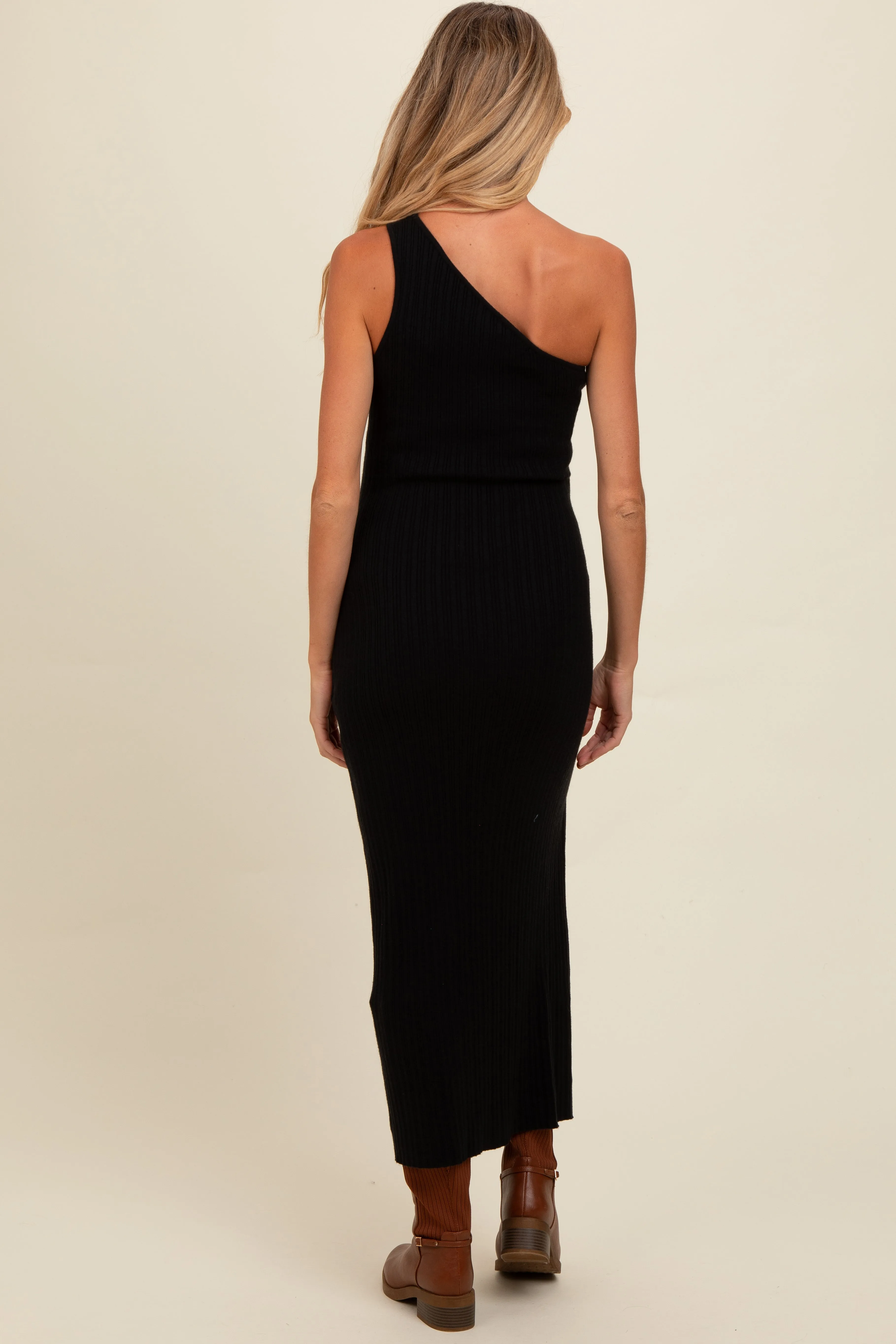 Black Knit One Shoulder Side Slit Maternity Maxi Dress sold by Pinkblush product image thumbnail 4