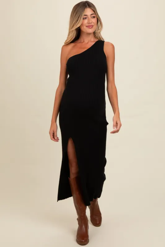 Black Knit One Shoulder Side Slit Maternity Maxi Dress sold by Pinkblush