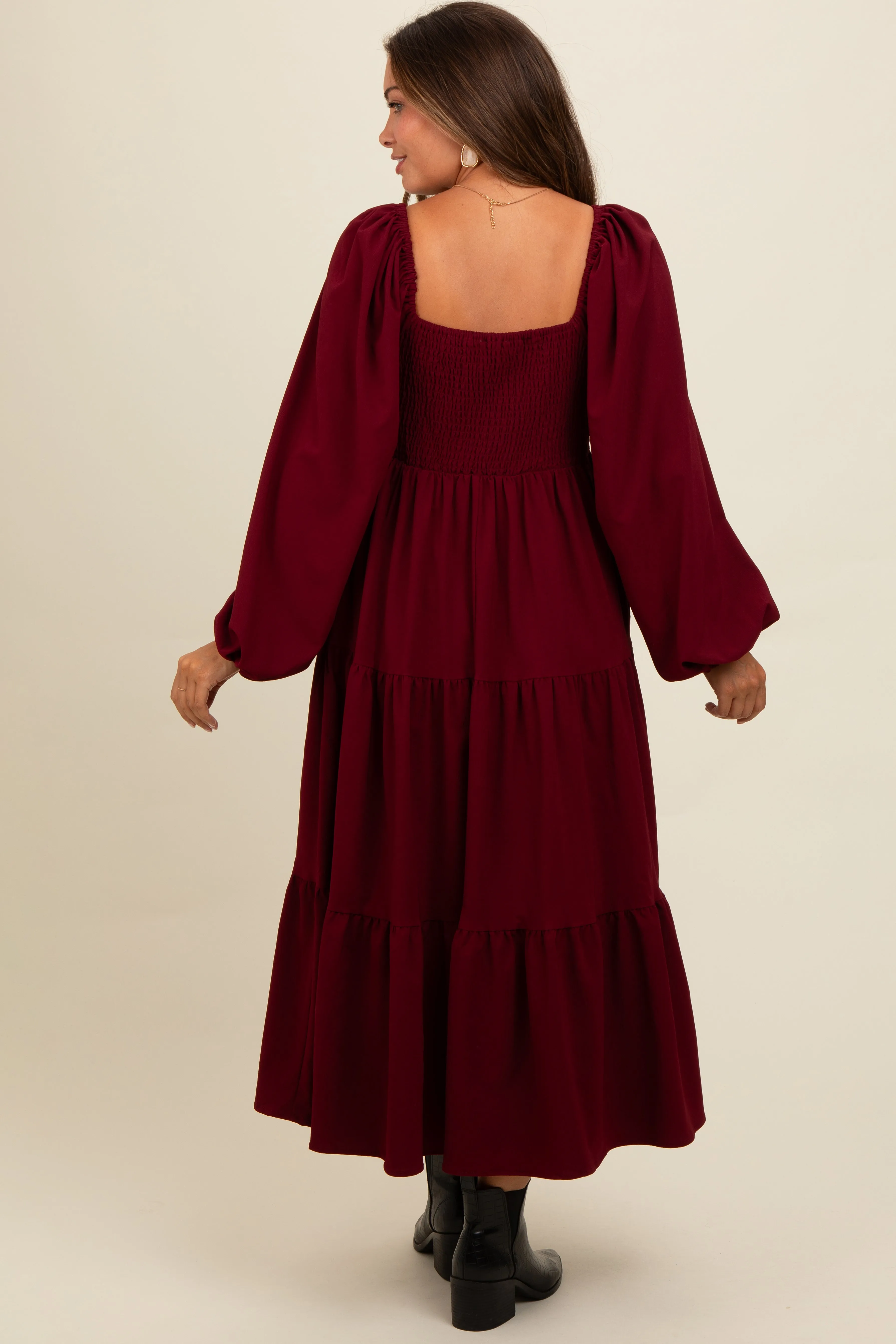 Burgundy Contrast Lace Bodice Tiered Maternity Midi Dress sold by Pinkblush product image thumbnail 3