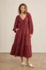 Burgundy Contrast Lace Bodice Tiered Maternity Midi Dress sold by Pinkblush