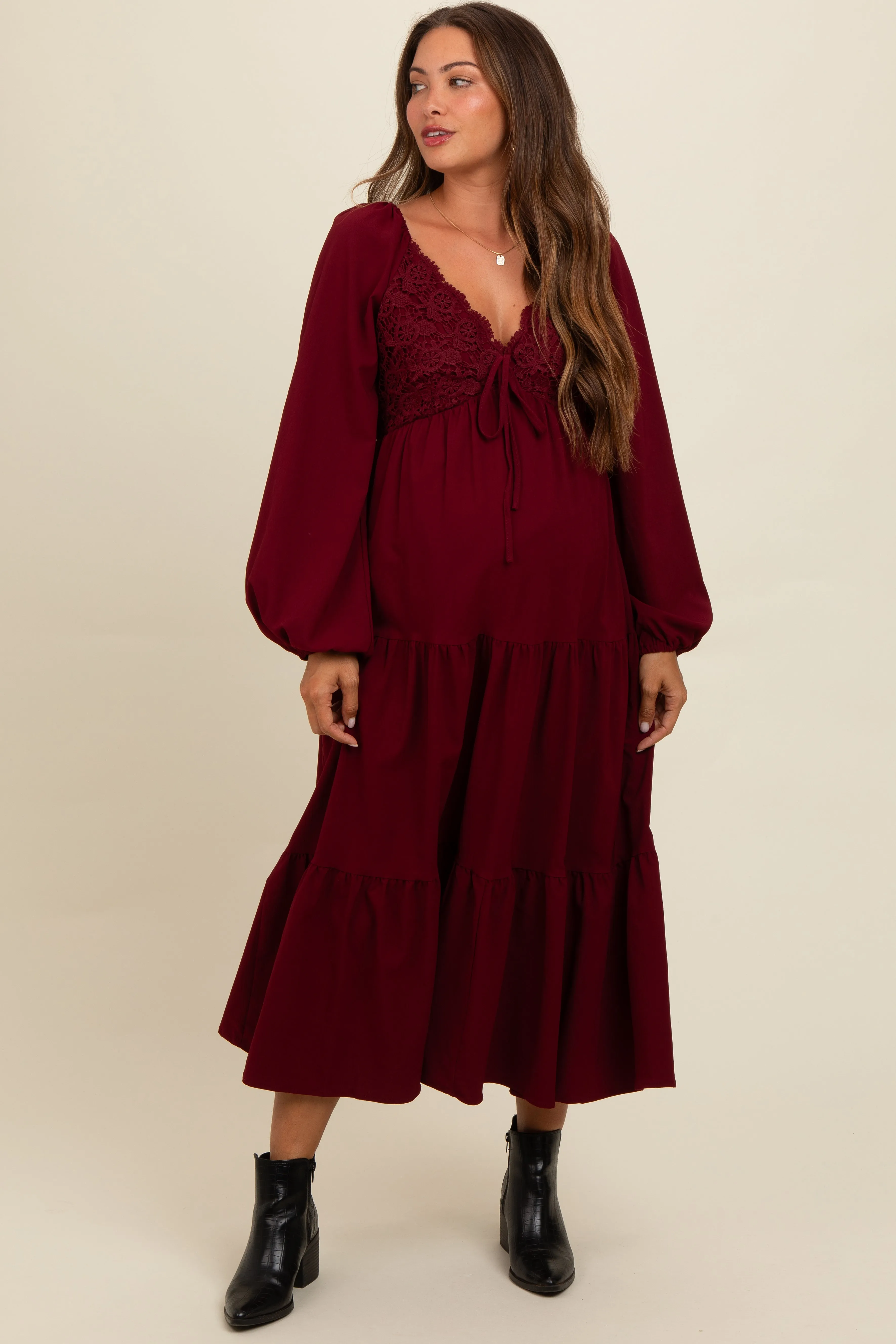 Burgundy Contrast Lace Bodice Tiered Maternity Midi Dress sold by Pinkblush