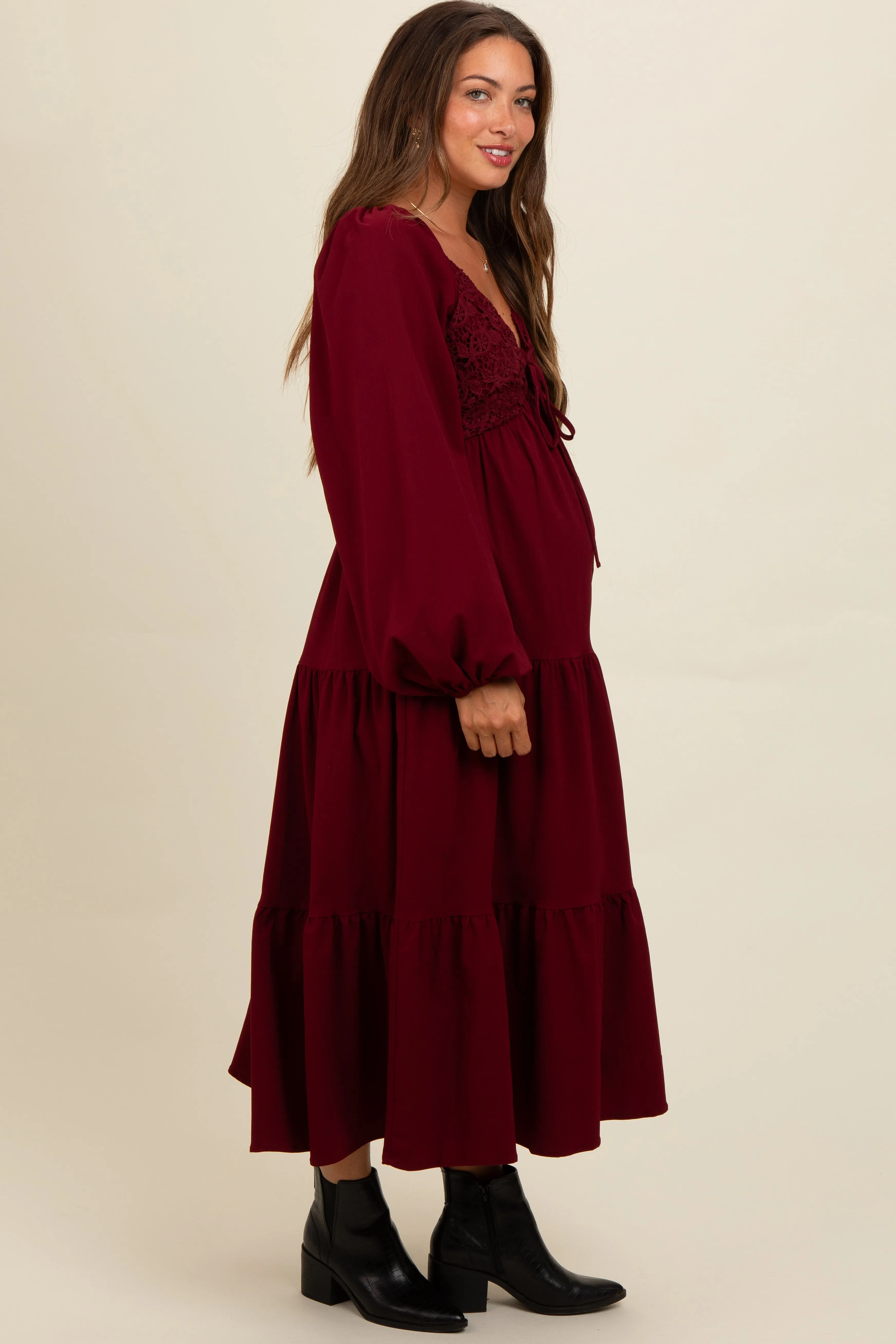 Burgundy Contrast Lace Bodice Tiered Maternity Midi Dress sold by Pinkblush product image thumbnail 2