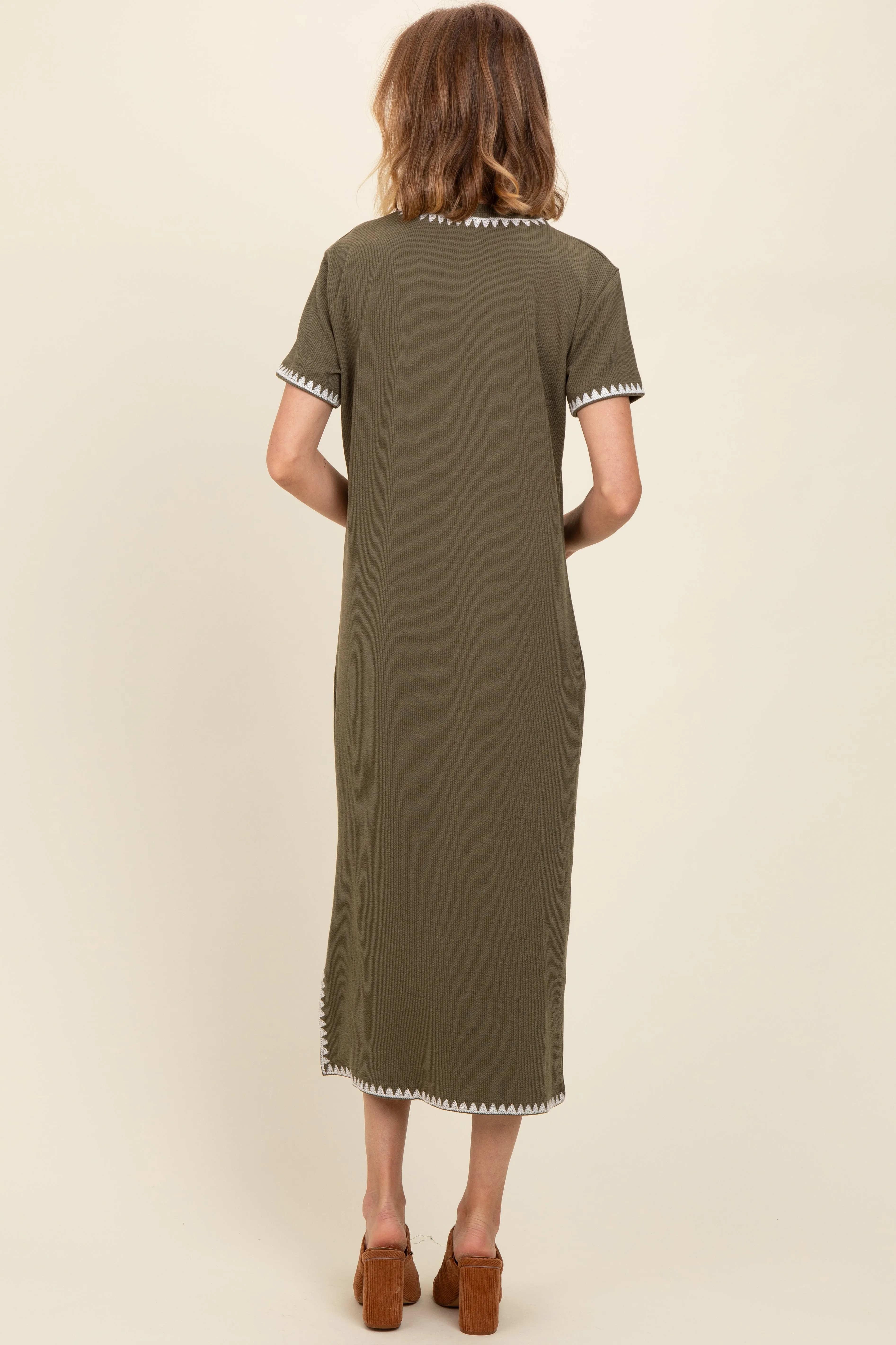 Olive Green Ribbed Embroidered Trim Short Sleeve Midi Dress sold by Pinkblush product image thumbnail 3