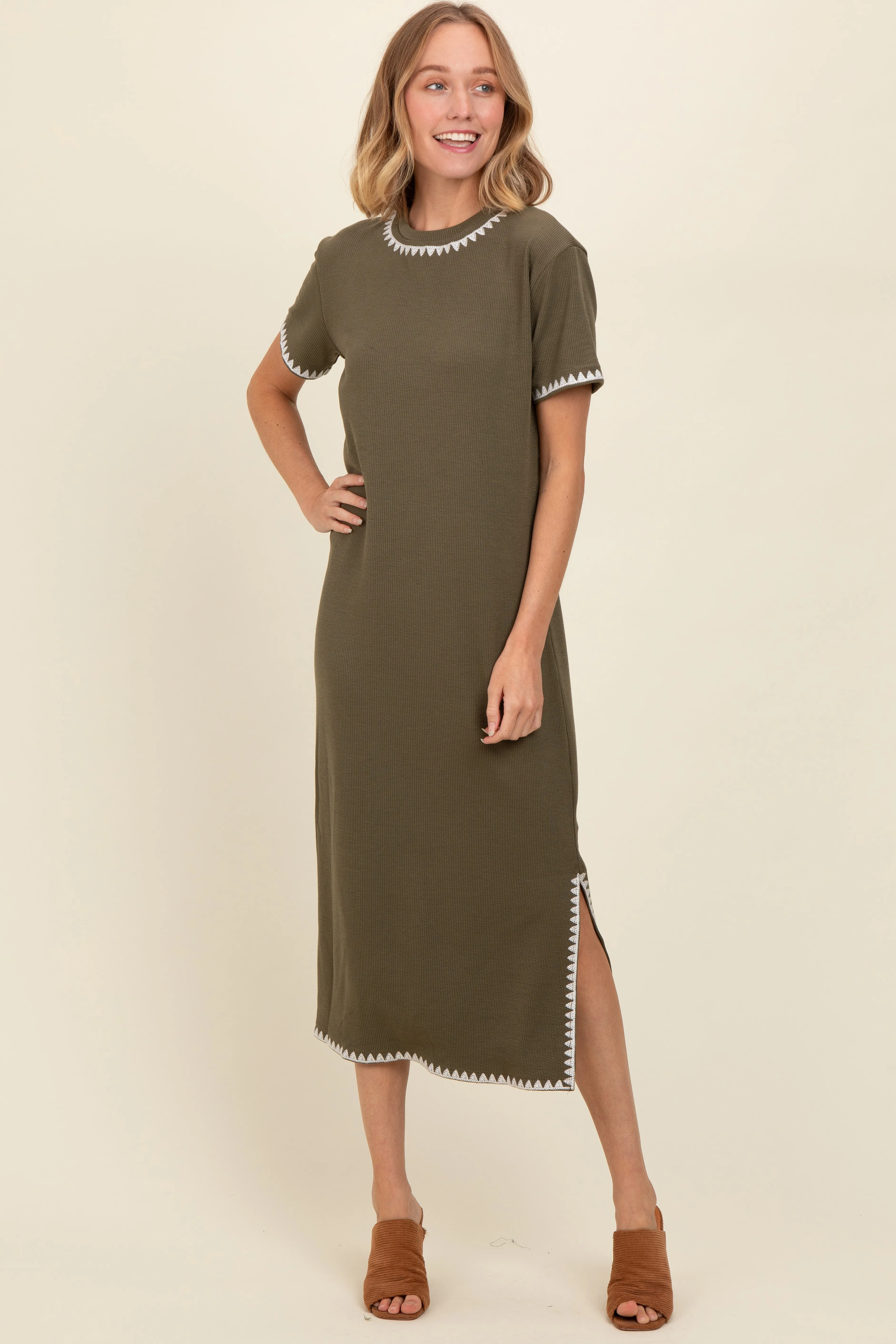 Olive Green Ribbed Embroidered Trim Short Sleeve Midi Dress sold by Pinkblush product image thumbnail 4