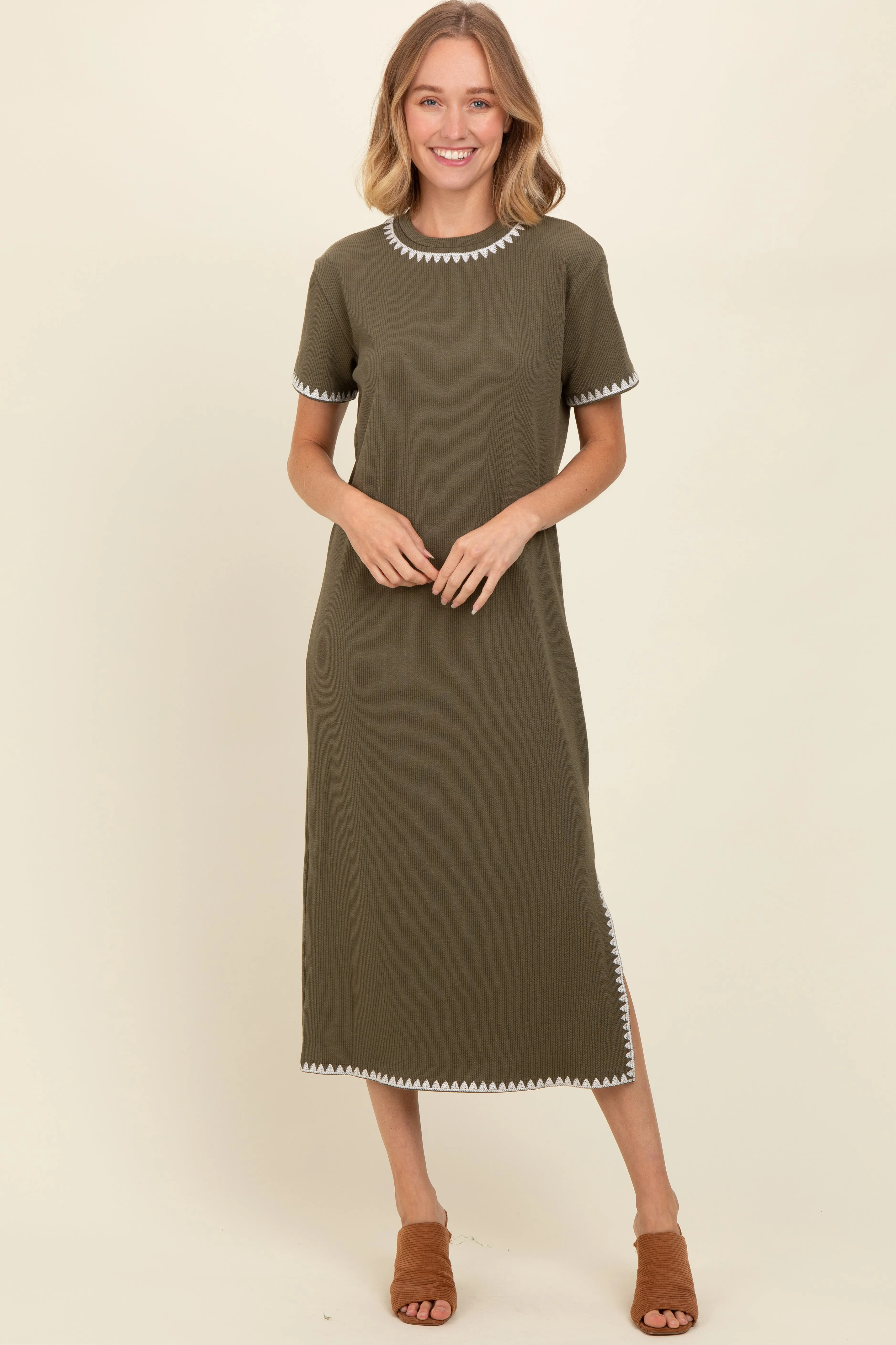 Olive Green Ribbed Embroidered Trim Short Sleeve Midi Dress sold by Pinkblush