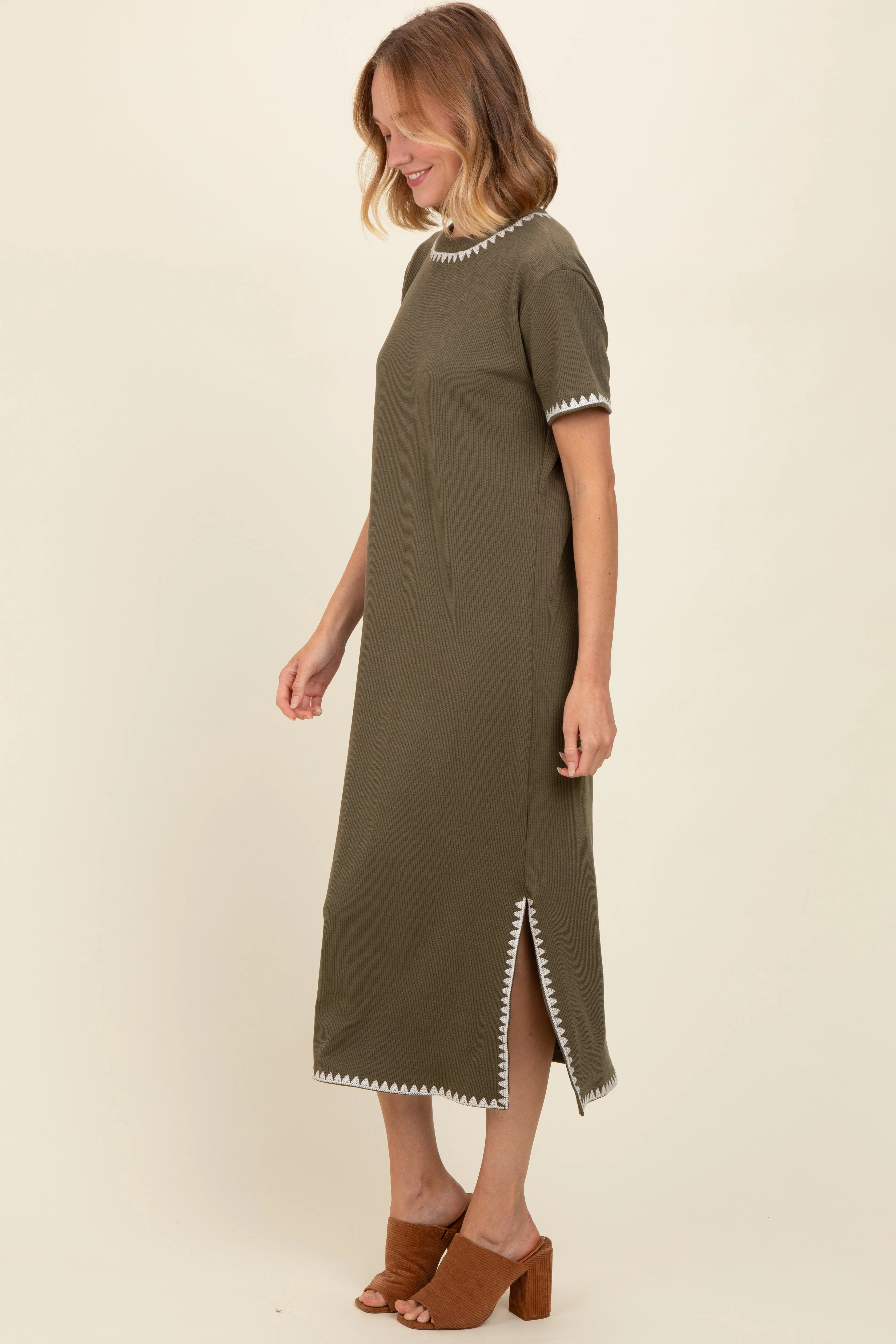 Olive Green Ribbed Embroidered Trim Short Sleeve Midi Dress sold by Pinkblush product image thumbnail 2