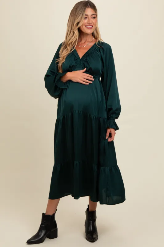 Forest Green Satin V-Neck Tiered Maternity Maxi Dress sold by Pinkblush