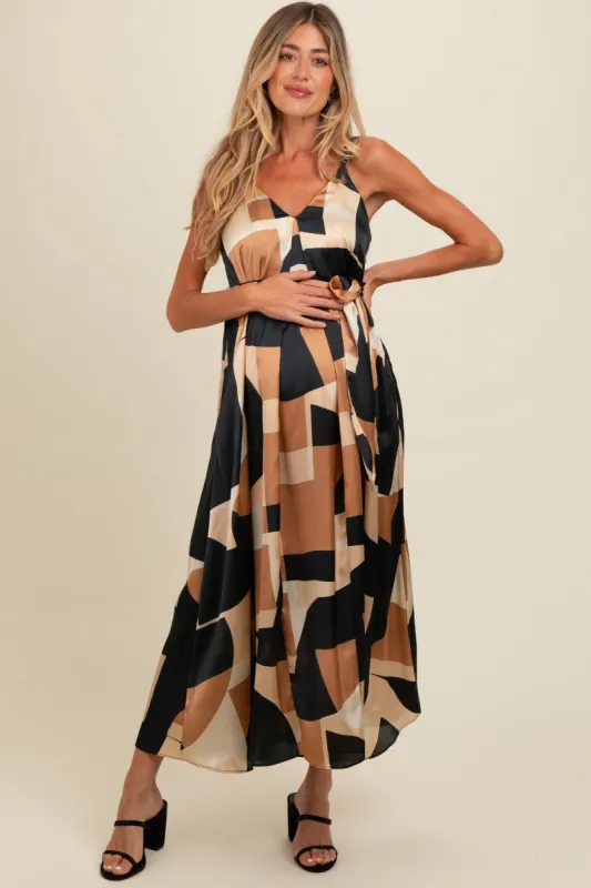 Camel Abstract Print Sash Tie Maternity Maxi Dress sold by Pinkblush