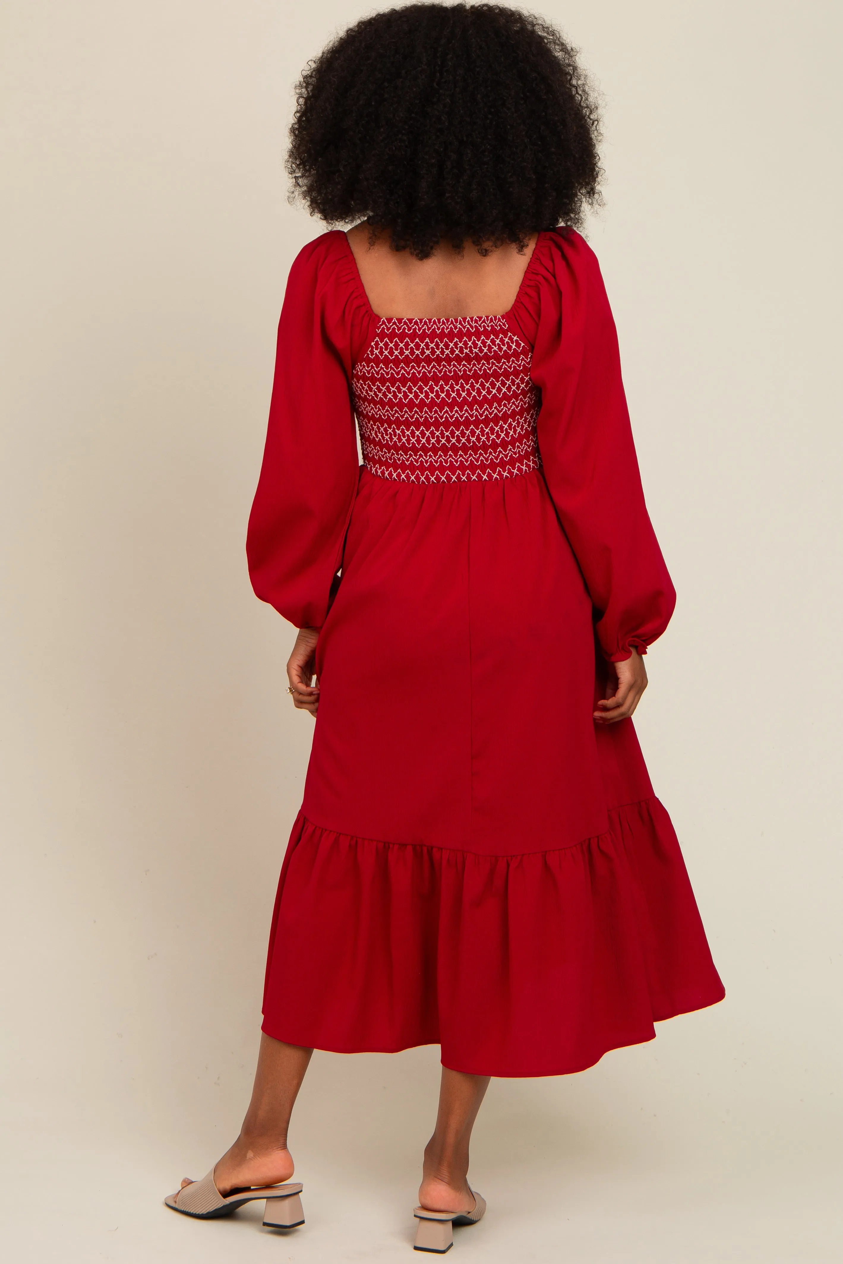 Burgundy Contrast Smocked Balloon Sleeve Midi Dress sold by Pinkblush product image thumbnail 4