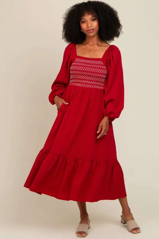 Burgundy Contrast Smocked Balloon Sleeve Midi Dress sold by Pinkblush