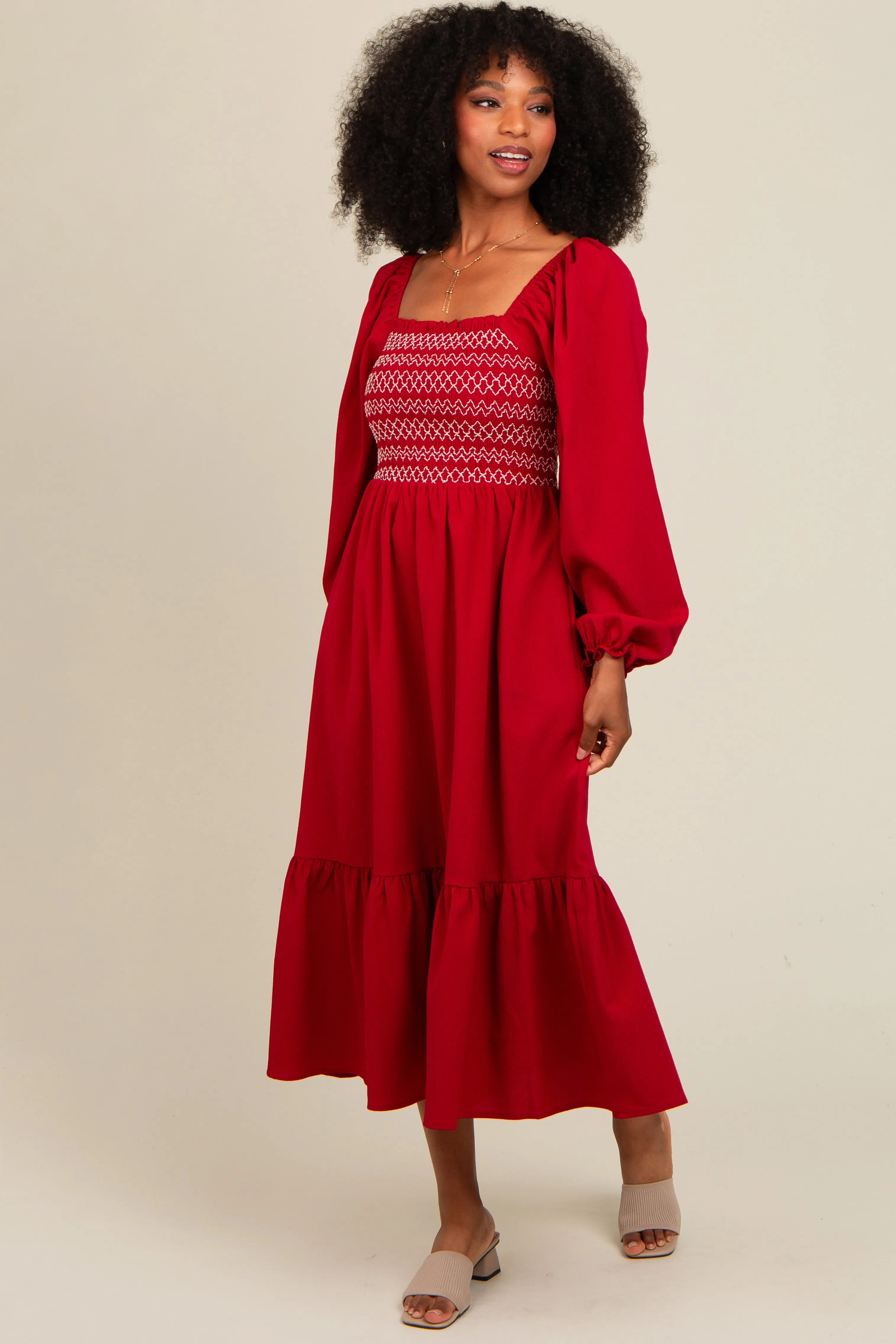 Burgundy Contrast Smocked Balloon Sleeve Midi Dress sold by Pinkblush product image thumbnail 2