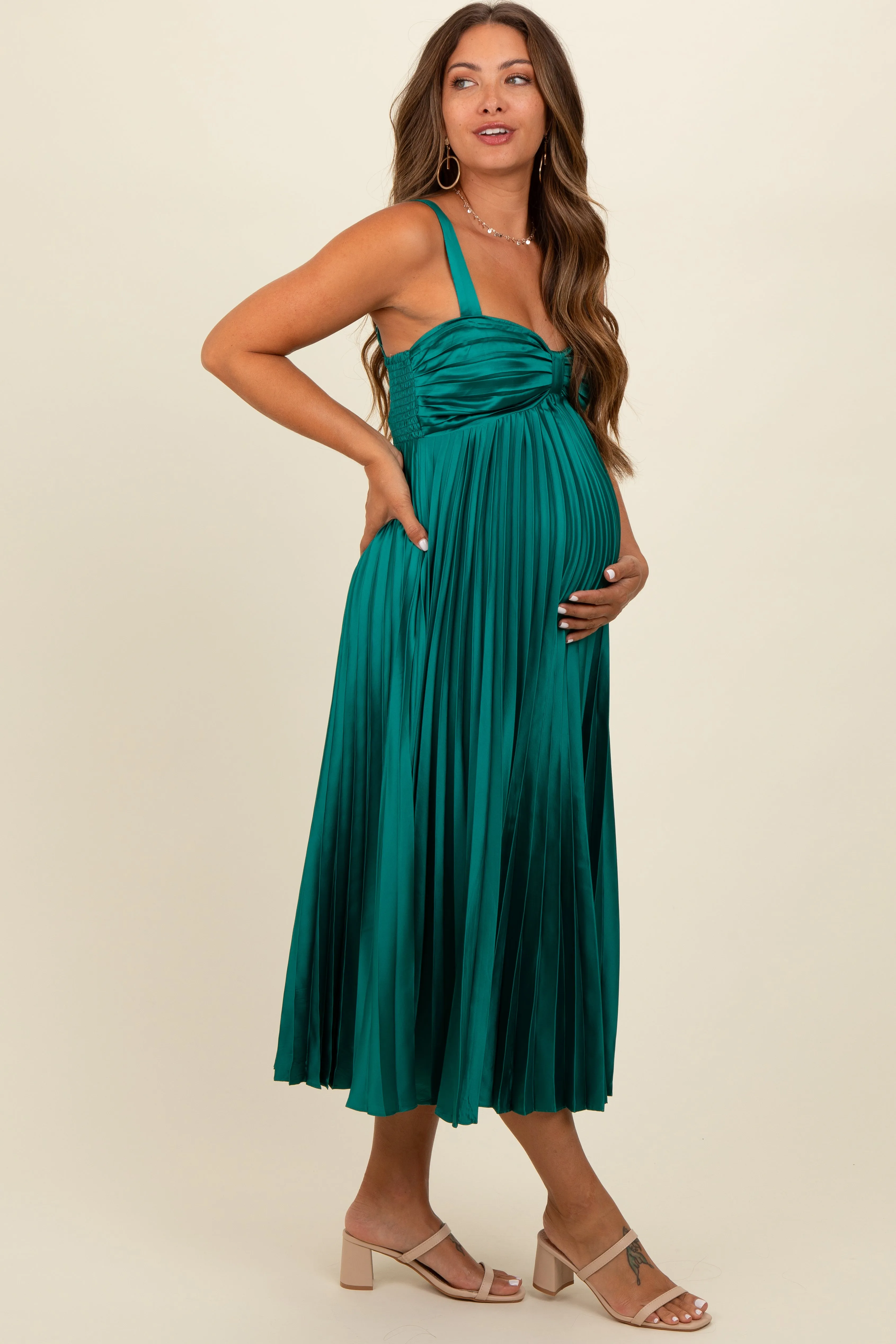Teal Satin Pleated Sweetheart Maternity Midi Dress sold by Pinkblush product image thumbnail 2