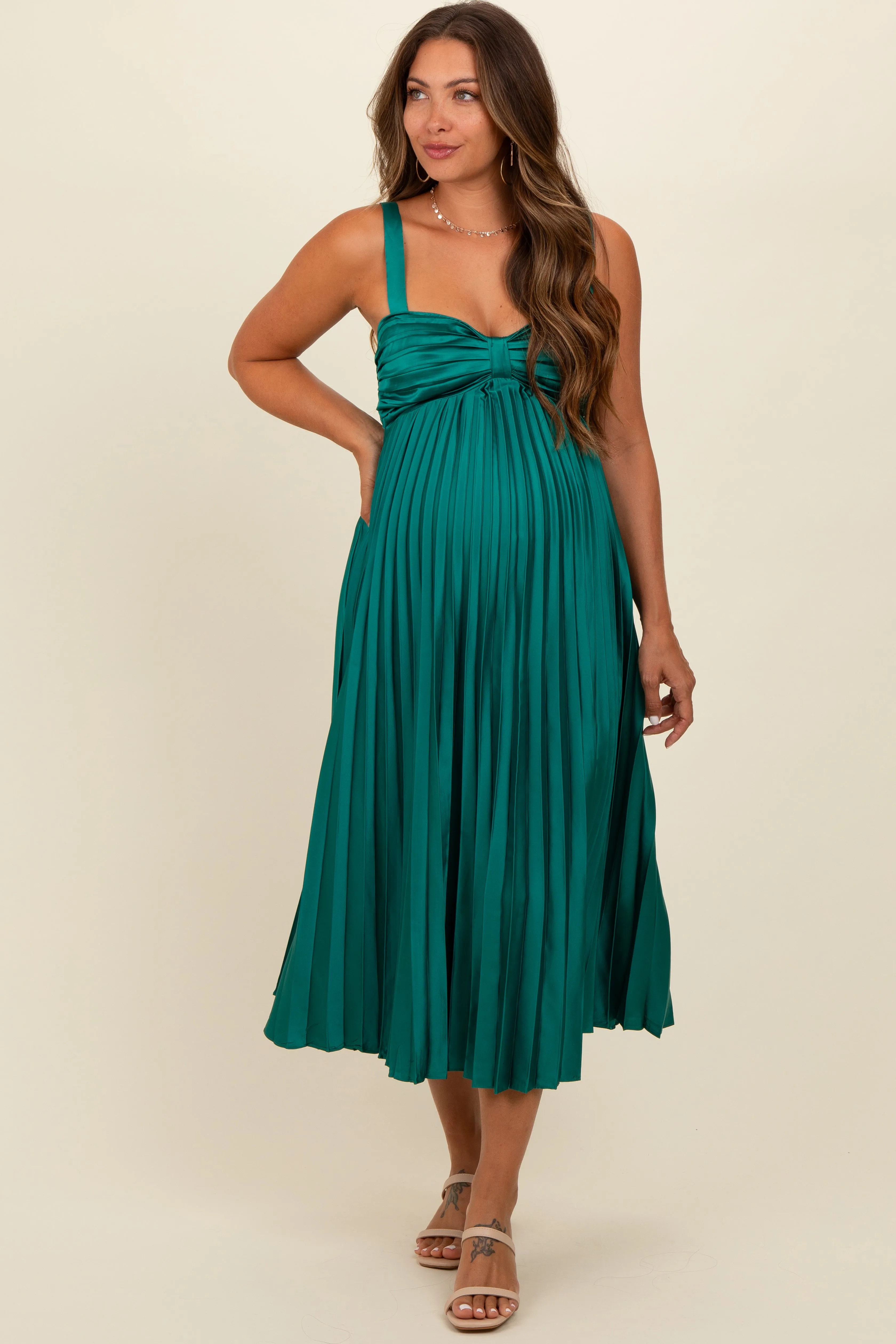 Teal Satin Pleated Sweetheart Maternity Midi Dress sold by Pinkblush