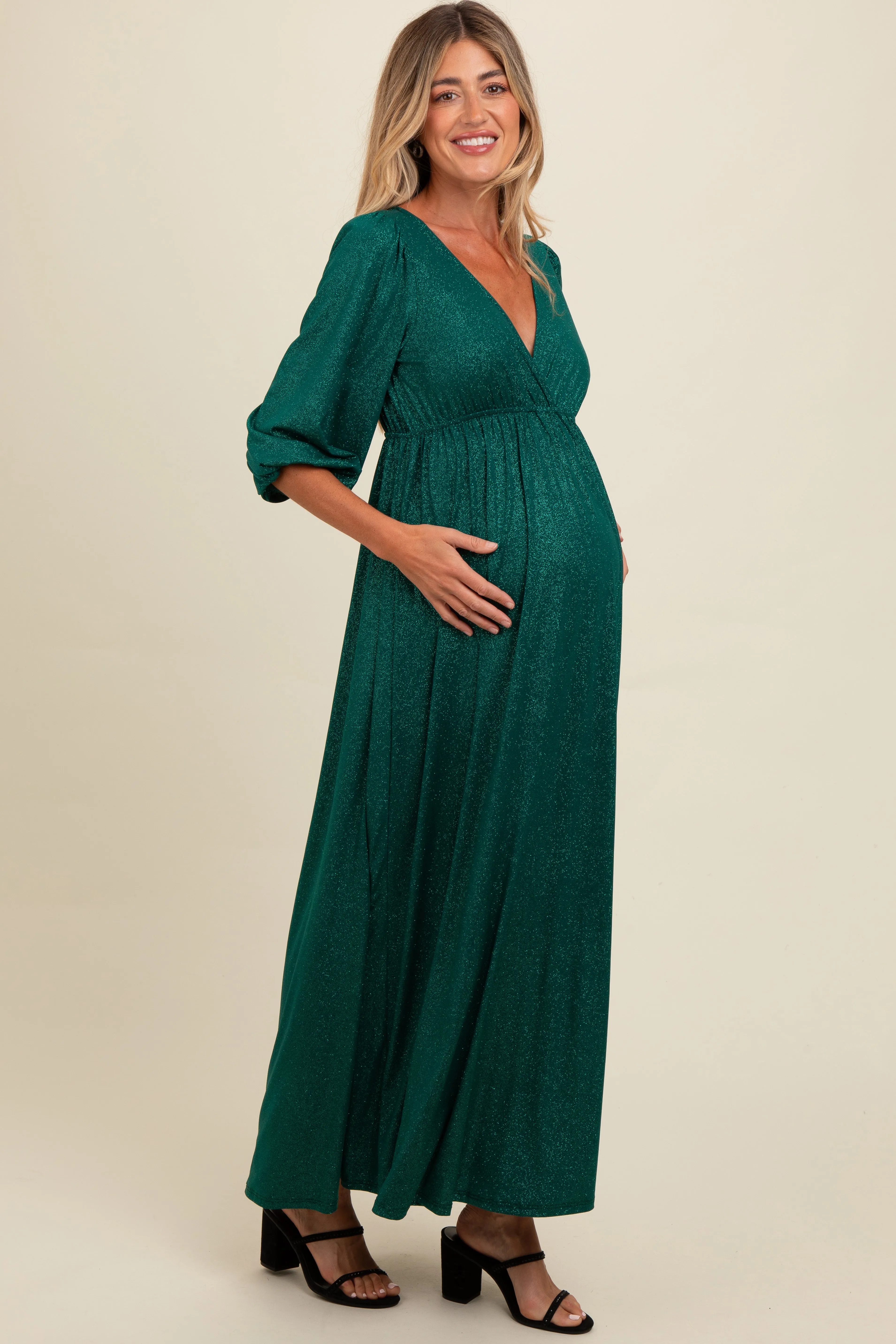 Forest Green Glitter V-Neck Maternity Maxi Dress sold by Pinkblush product image thumbnail 2