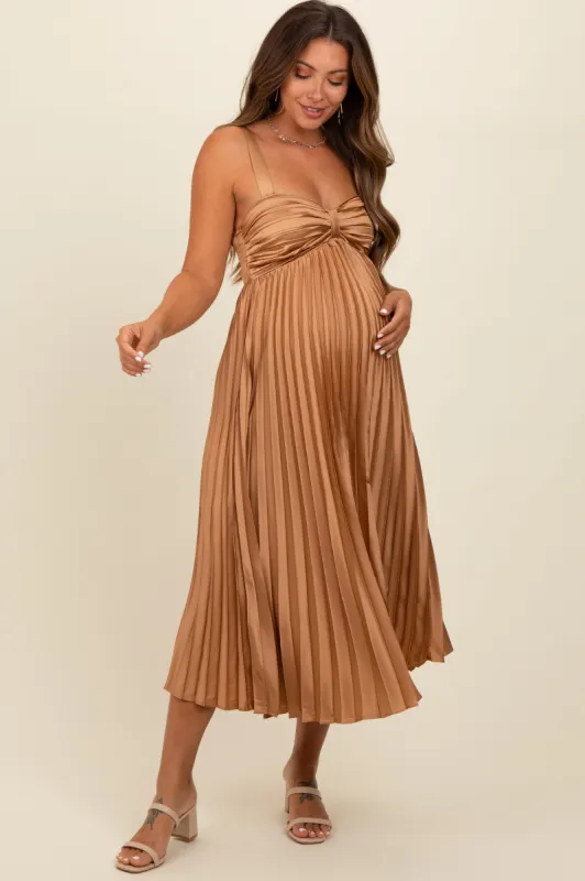 Gold Satin Pleated Sweetheart Maternity Midi Dress sold by Pinkblush