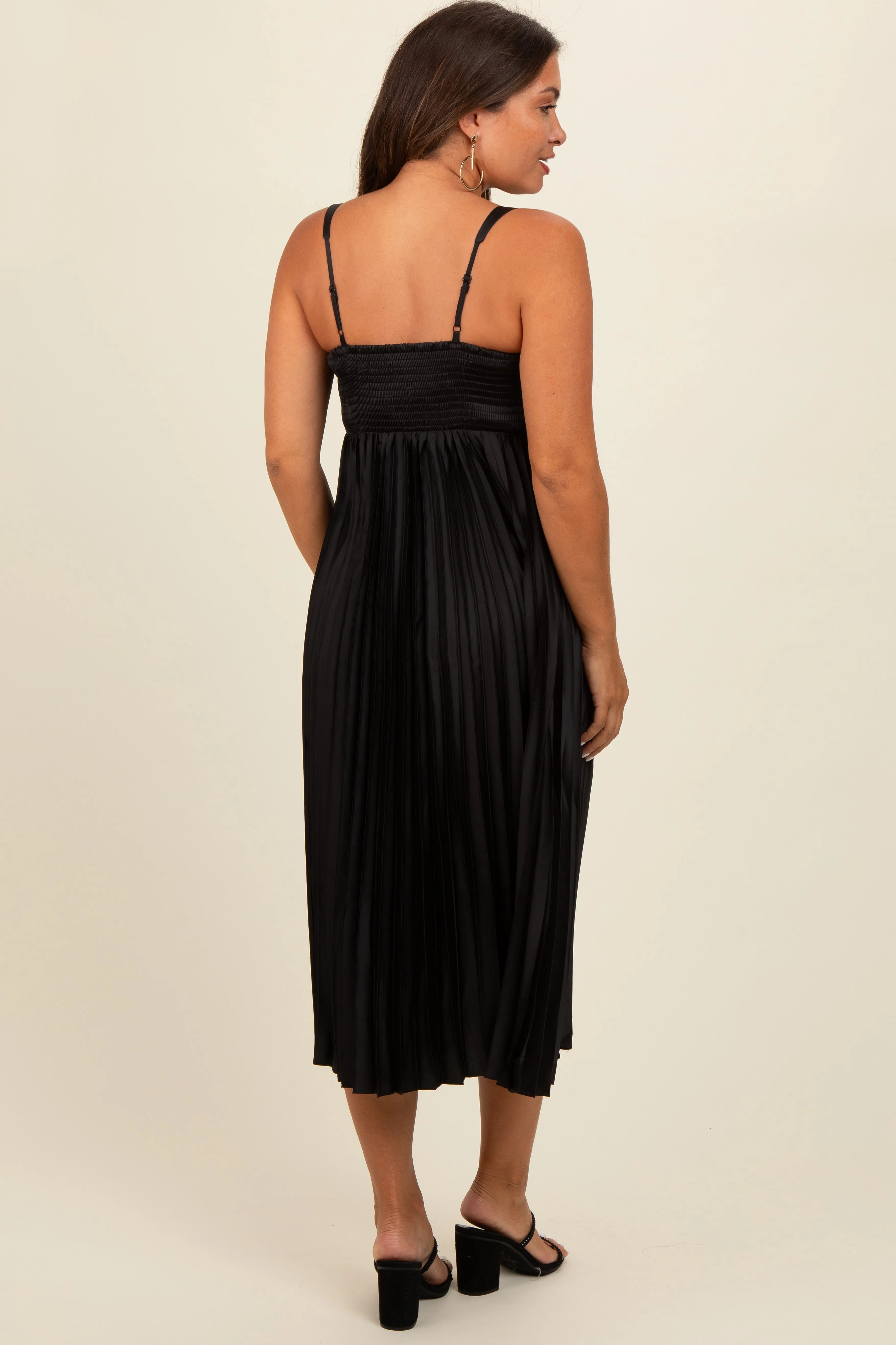Black Satin Pleated Sweetheart Maternity Midi Dress sold by Pinkblush product image thumbnail 3