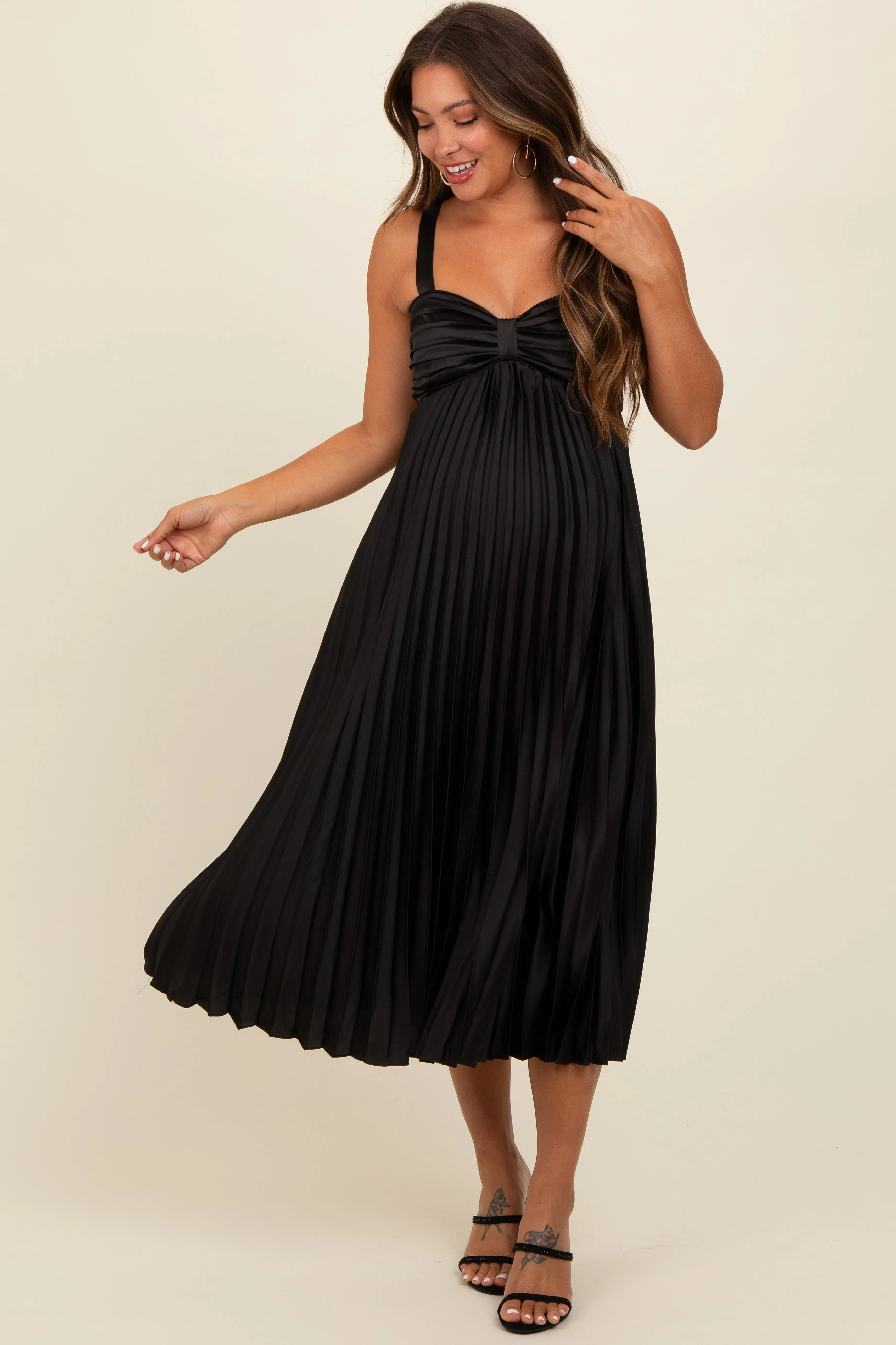 Black Satin Pleated Sweetheart Maternity Midi Dress sold by Pinkblush