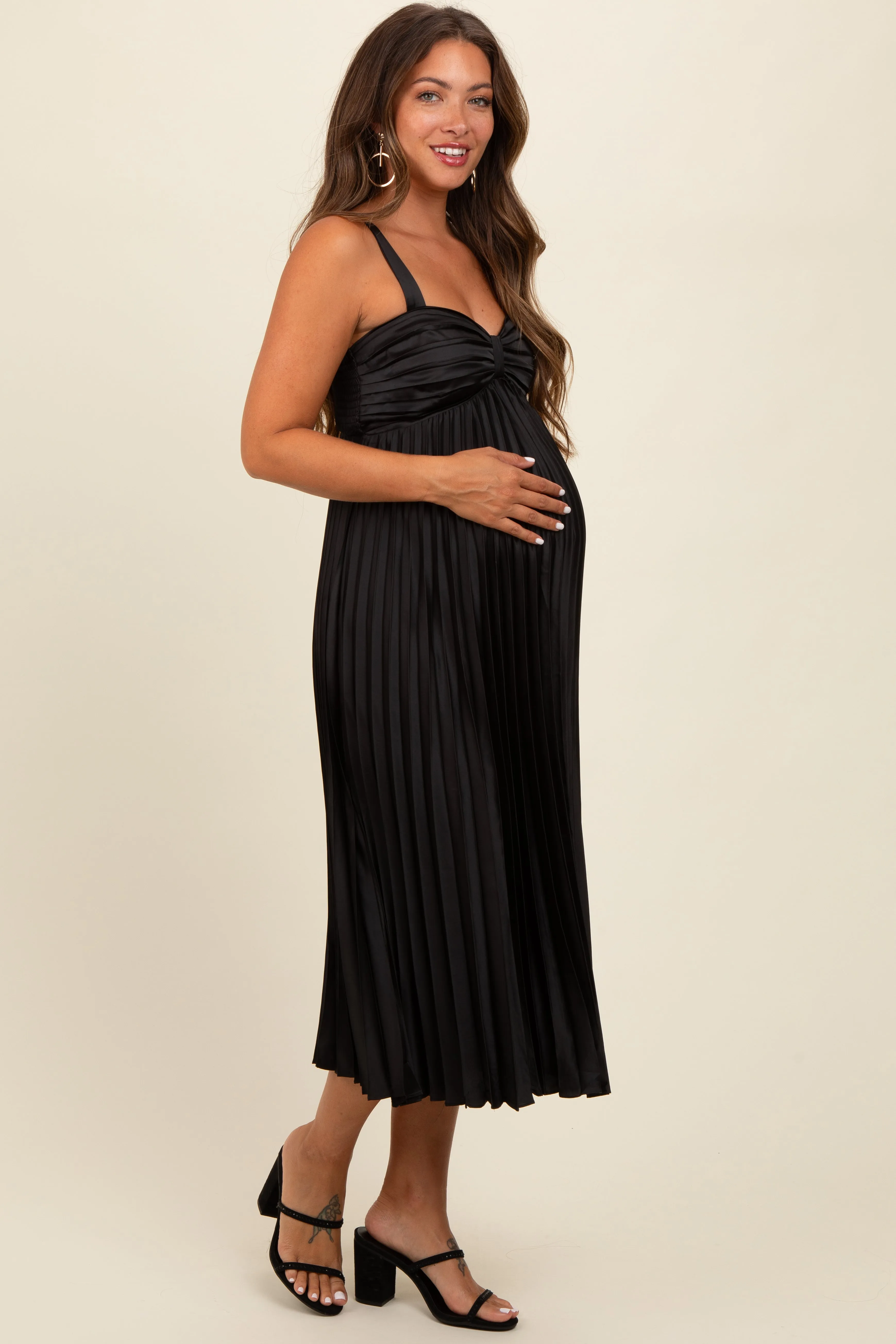 Black Satin Pleated Sweetheart Maternity Midi Dress sold by Pinkblush product image thumbnail 2