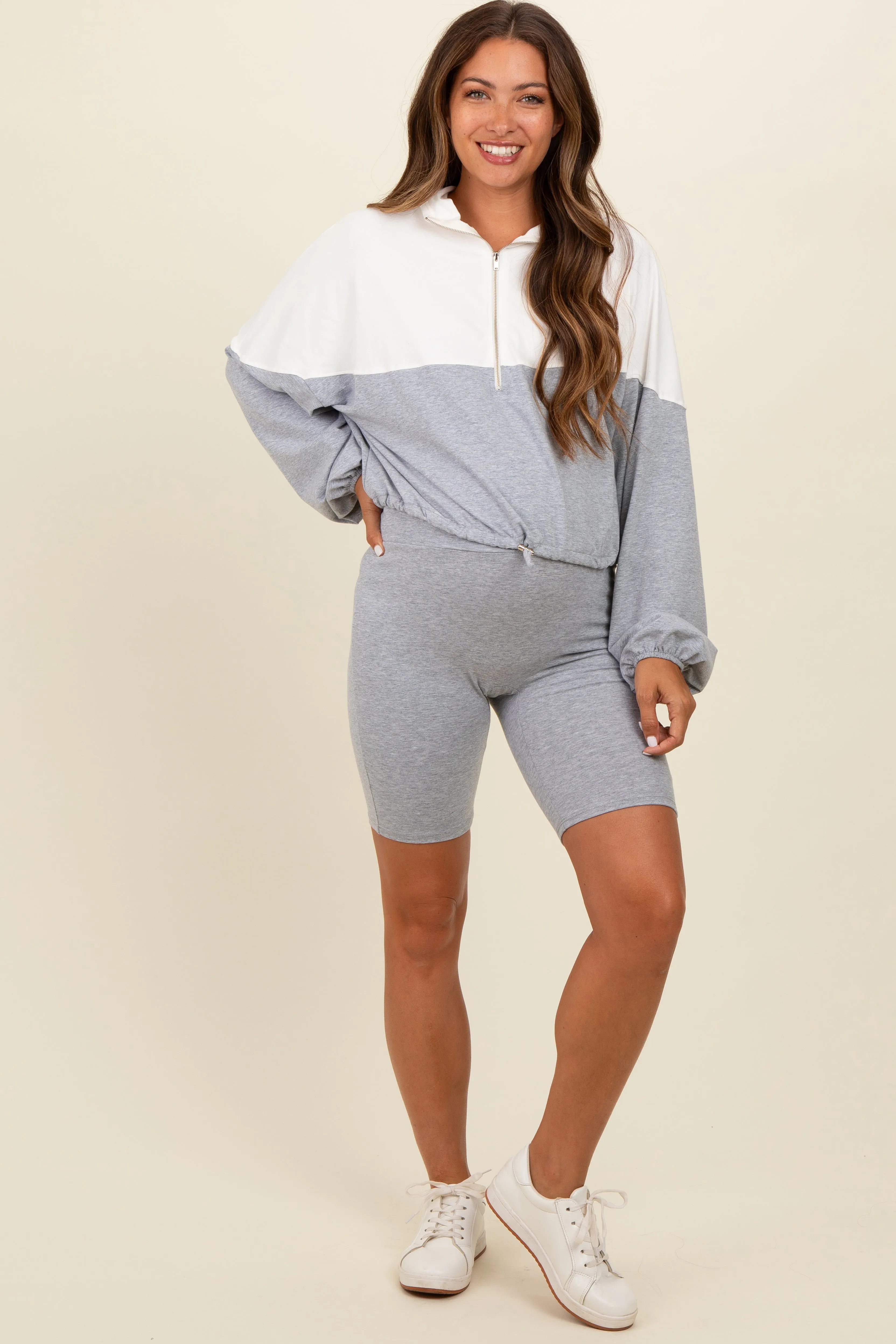 Heather Grey Colorblock Hoodie Shorts Maternity Set sold by Pinkblush