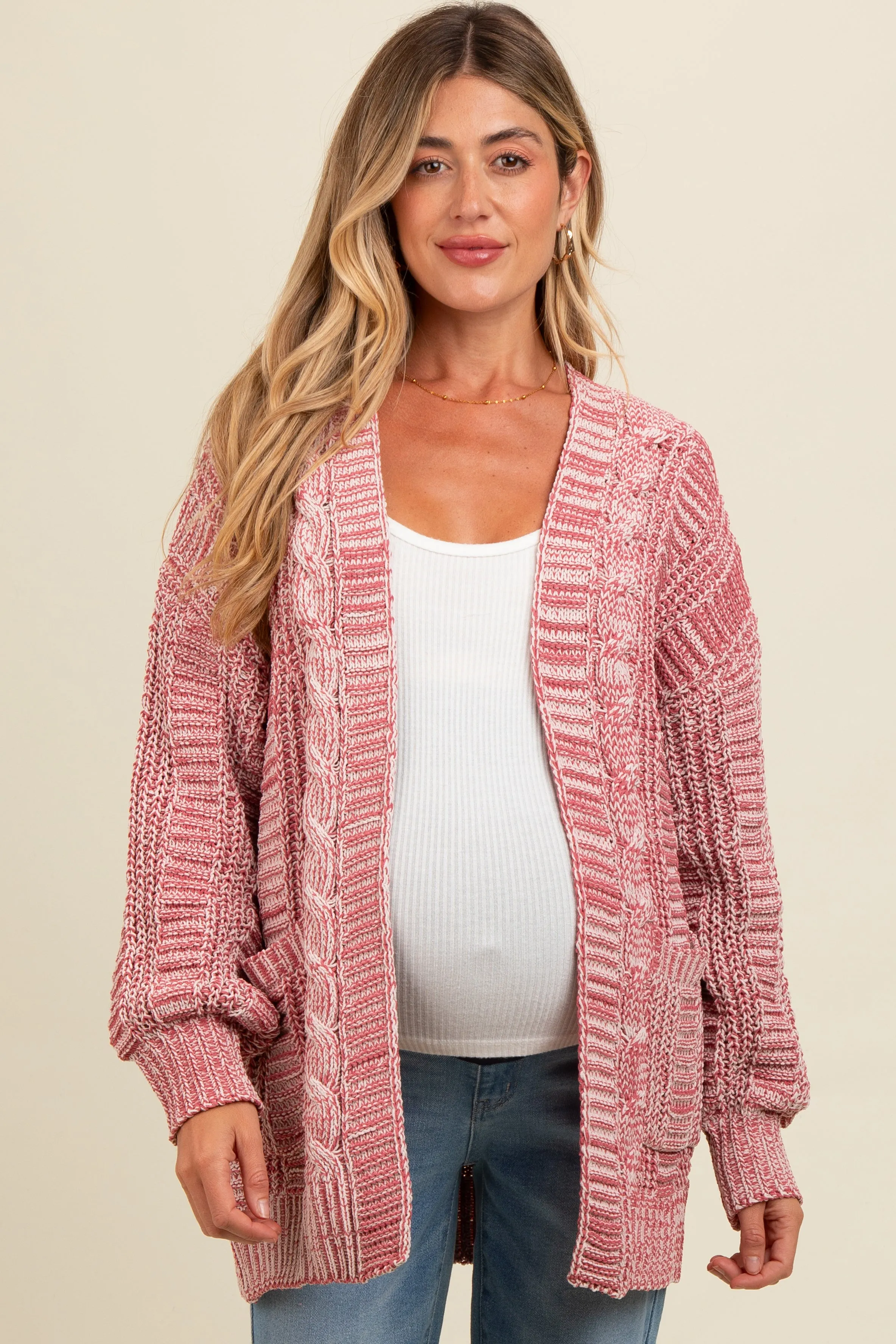 Brick Two Toned Oversized Cable Knit Maternity Cardigan sold by Pinkblush