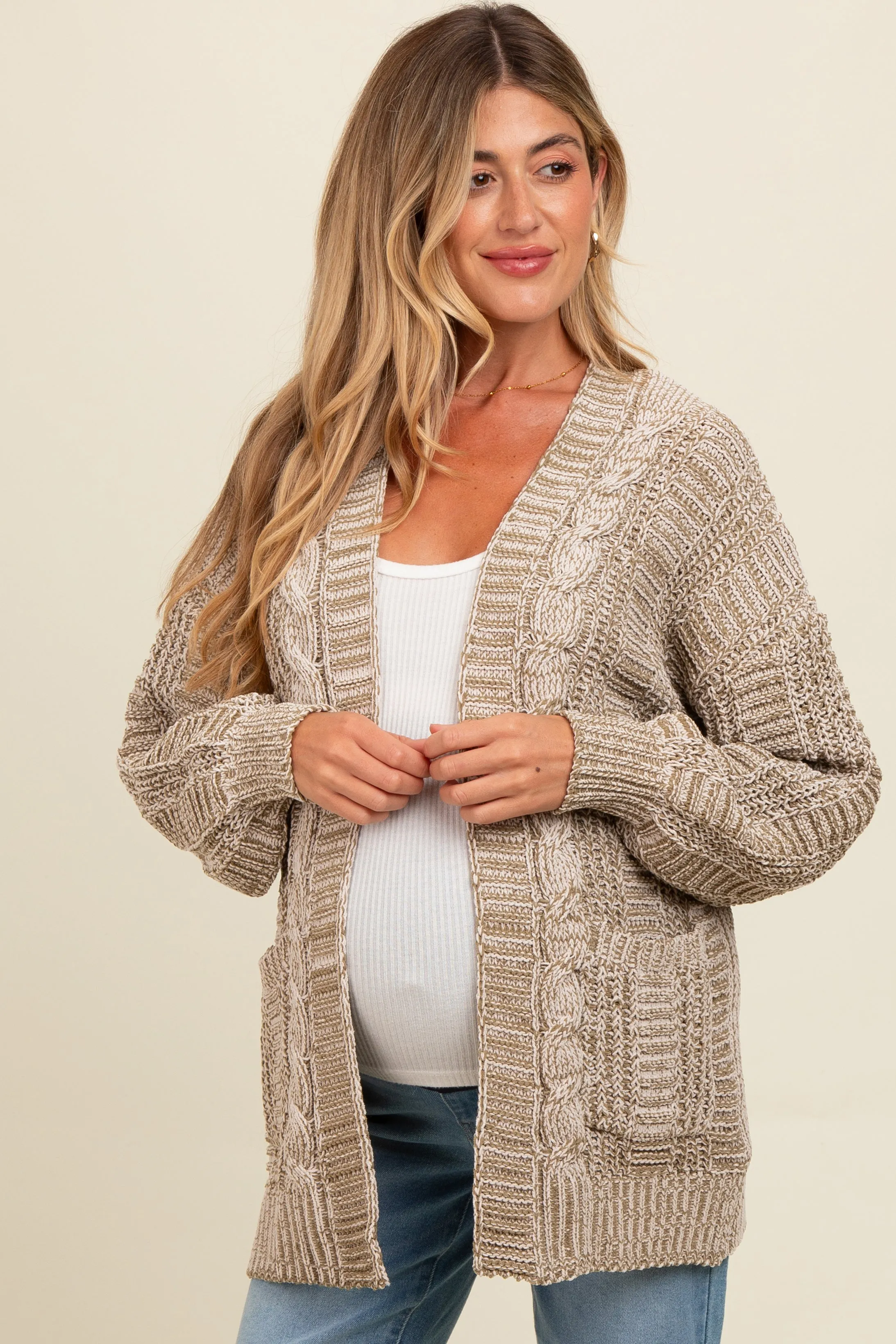 Olive Two Toned Oversized Cable Knit Maternity Cardigan sold by Pinkblush