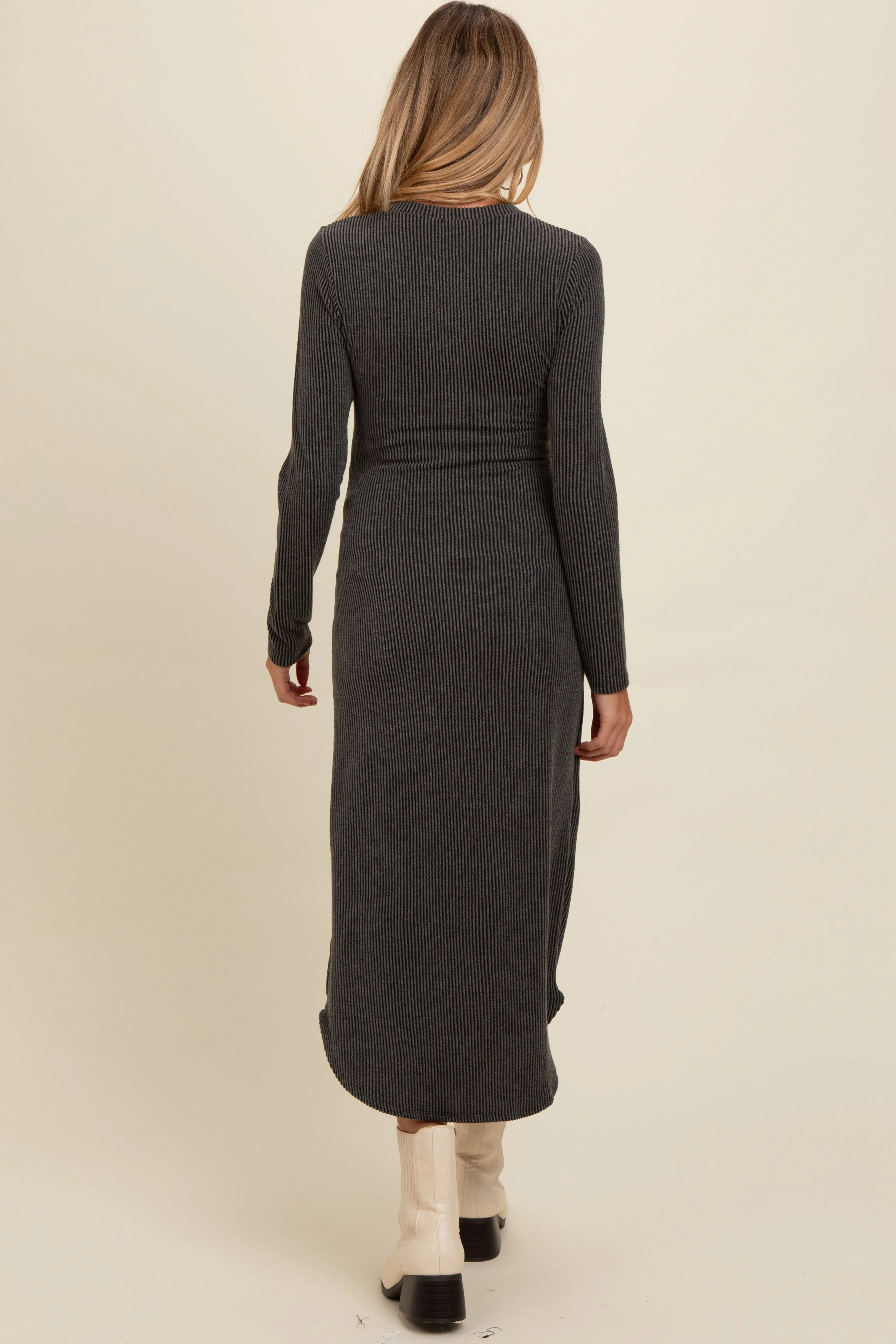 Charcoal Button Up Ribbed Knit Long Sleeve Maternity Midi Dress sold by Pinkblush product image thumbnail 3