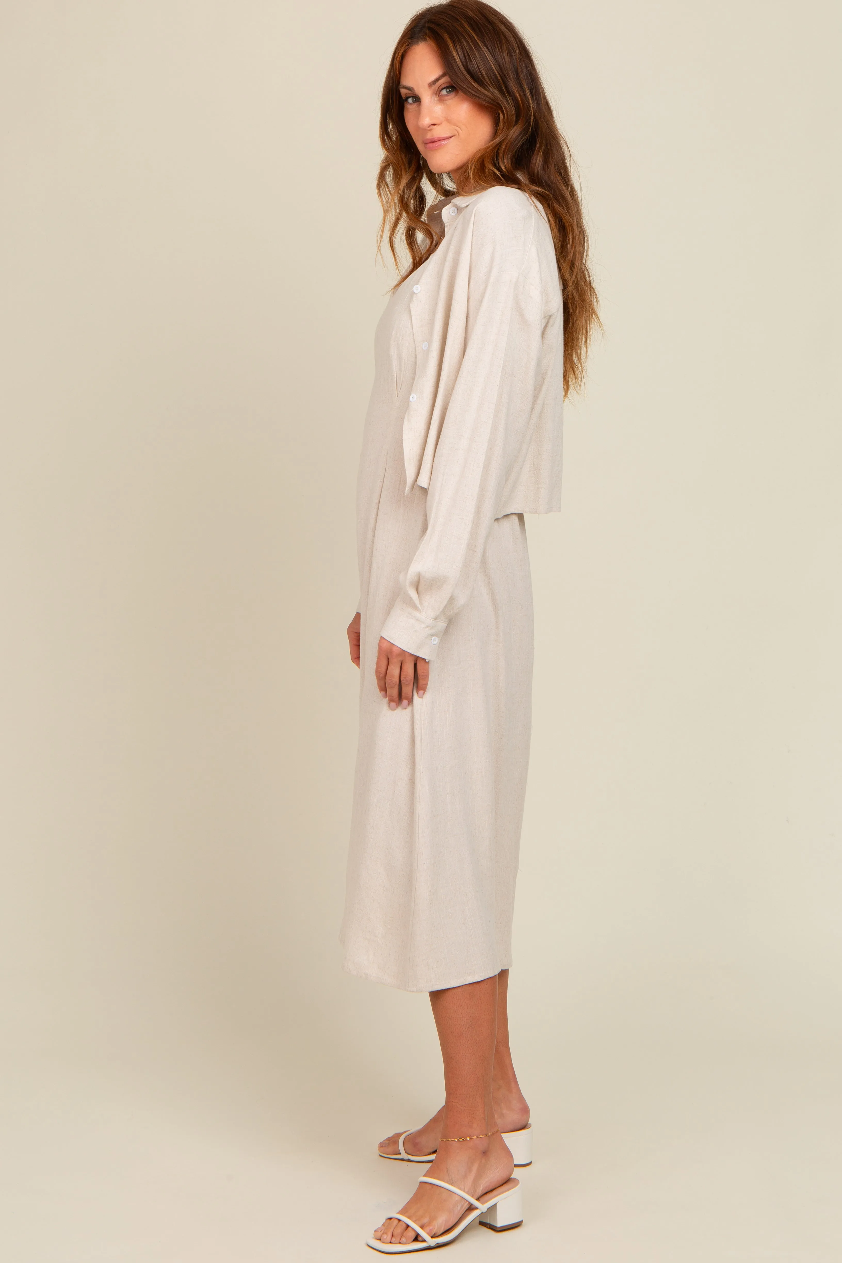 Beige Linen Cropped Shirt Midi Dress Set sold by Pinkblush product image thumbnail 3